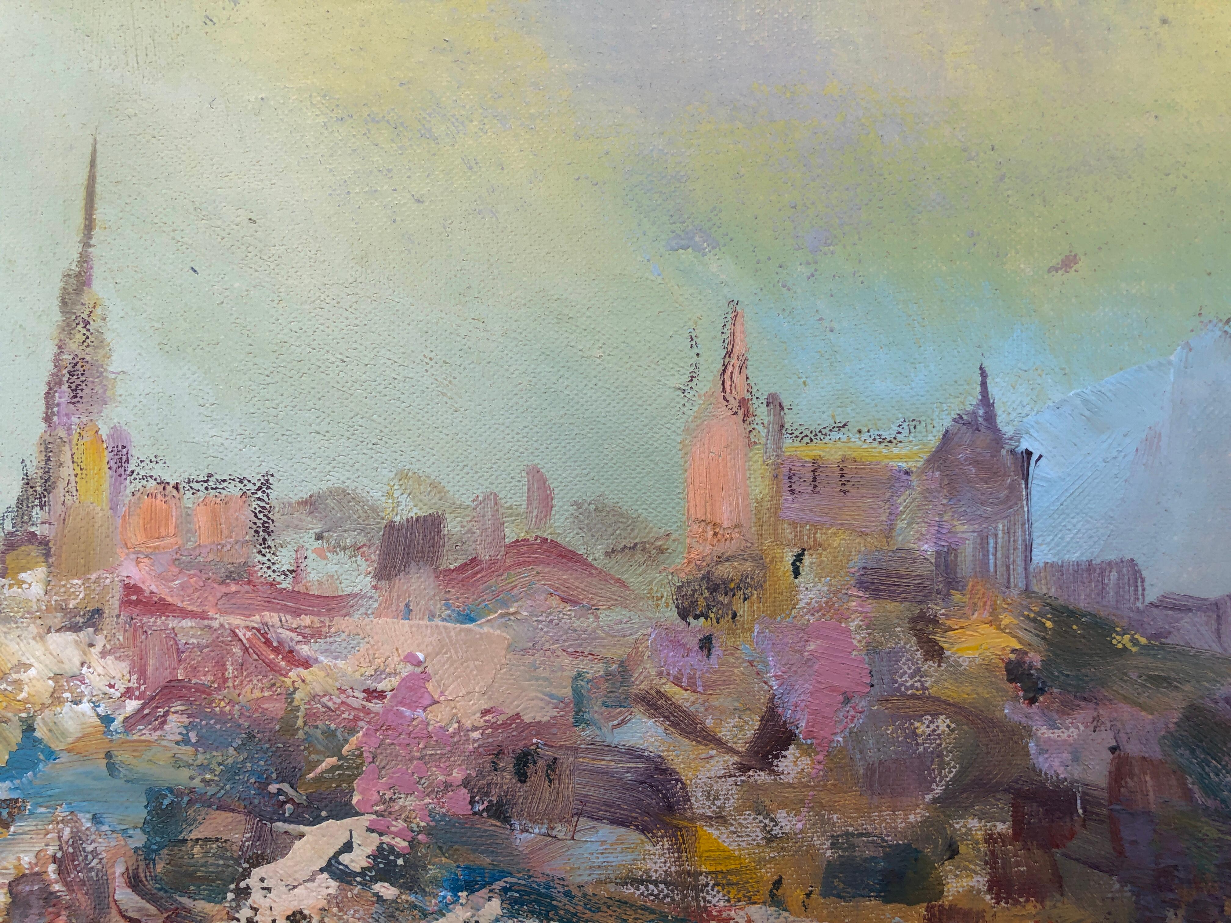 Toledo España óleo sobre lienzo pintura paisaje español - Abstract Painting Beige de Fernando Saez
