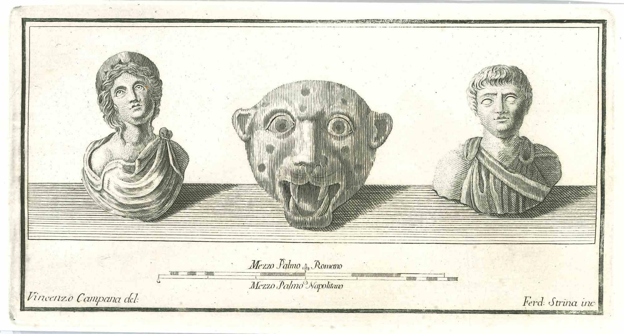 Ancient Roman Statue, from the series "Antiquities of Herculaneum", is an original etching on paper realized by Fernando Strina in the 18th century.

Signed on the plate on the lower right

Good conditions but aged.

The etching belongs to the print