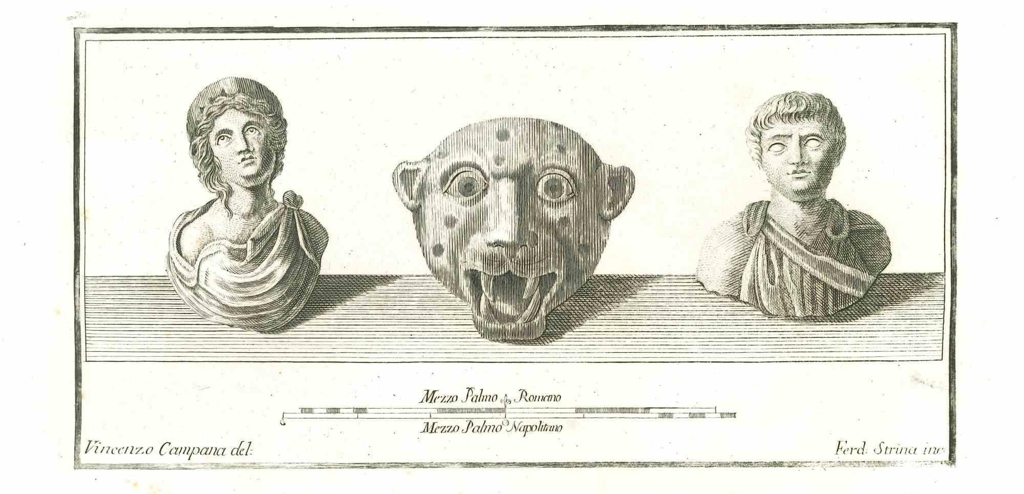 Antike römische Statue, aus der Serie "Antiquitäten von Herculaneum", ist eine Originalradierung auf Papier von Fernando Strina aus dem 18.

Signiert auf der Platte unten rechts

Guter Zustand, aber gealtert.

Die Radierung gehört zu der Druckserie