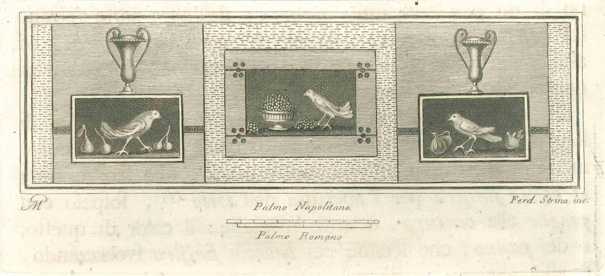 Oiseaux de la série "Antiquités d'Herculanum", est une gravure sur papier réalisée par Fernando Strina au 18ème siècle.

Monogramme sur l'assiette.

Bon état avec quelques rousseurs.

La gravure appartient à la suite d'estampes "Antiquités
