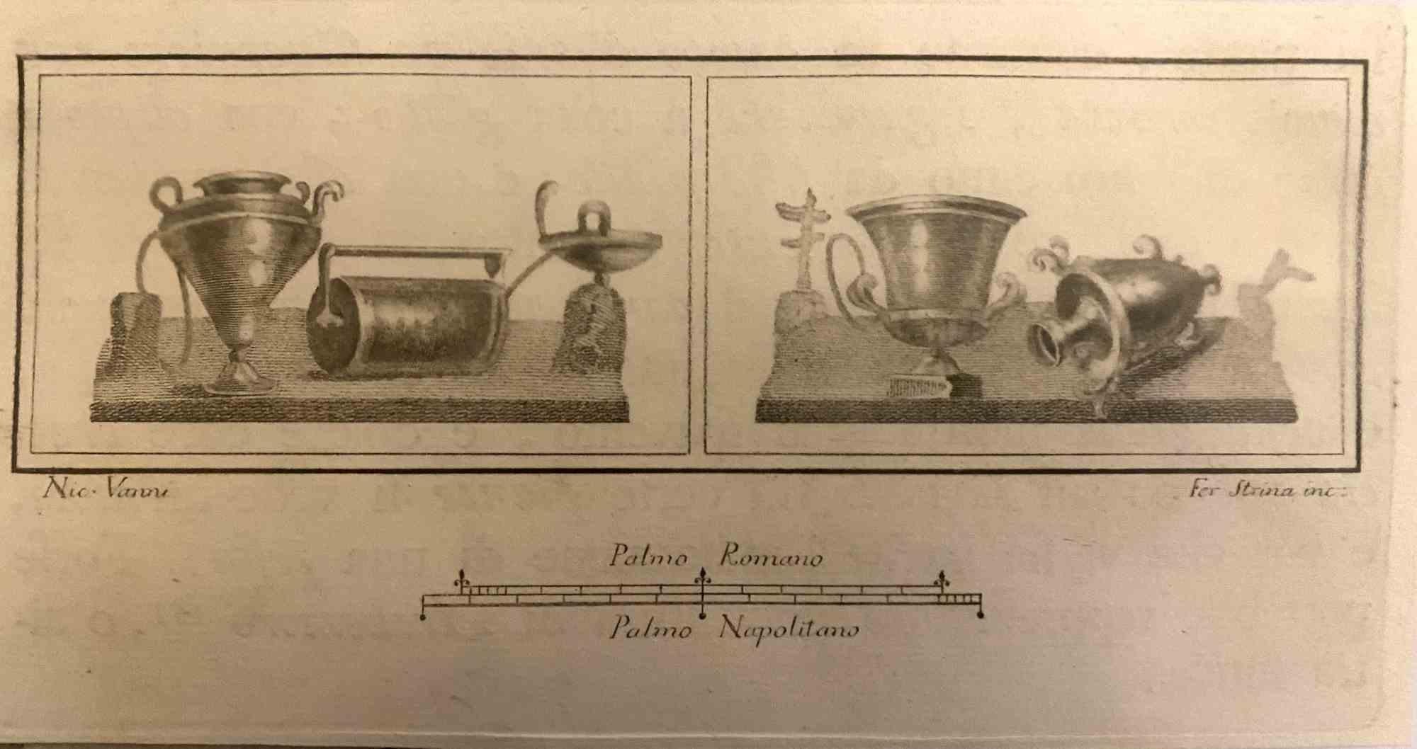 Pompeian Style Jar and Pitcher from "Antiquities of Herculaneum" is an etching on paper realized by Fernando Strina in the 18th Century.

Signed on the plate.

Good conditions.

The etching belongs to the print suite “Antiquities of Herculaneum
