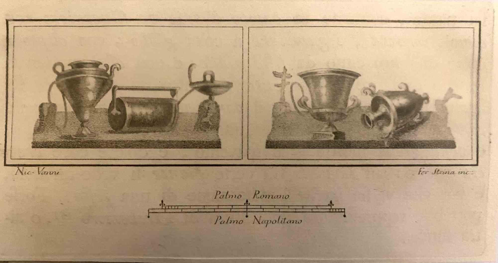 Krug und Kanne im pompejanischen Stil aus den "Altertümern von Herculaneum" ist eine Radierung auf Papier von Fernando Strina aus dem 18. Jahrhundert.

Signiert auf der Platte.

Gute Bedingungen.

Die Radierung gehört zu der Druckserie "Antiquities