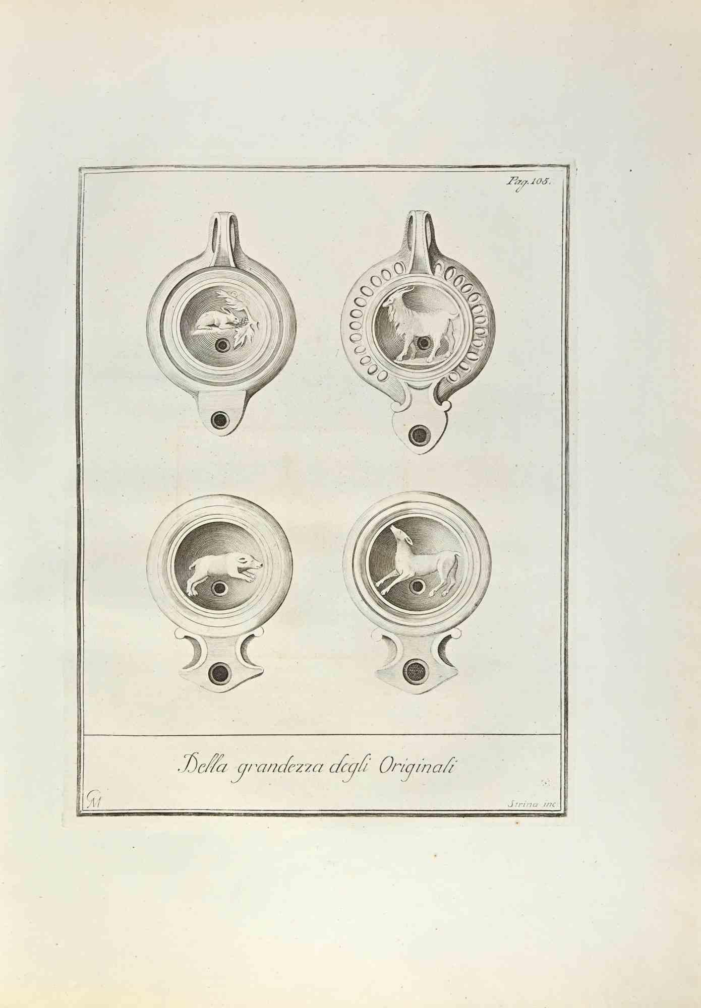 Öllampen im pompejanischen Stil  With Animals from "Antiquities of Herculaneum" ist eine Radierung auf Papier, die von Fernando Strina und verschiedenen Autoren im 18.

Signiert auf der Platte.

Gute Bedingungen.

Die Radierung gehört zu der