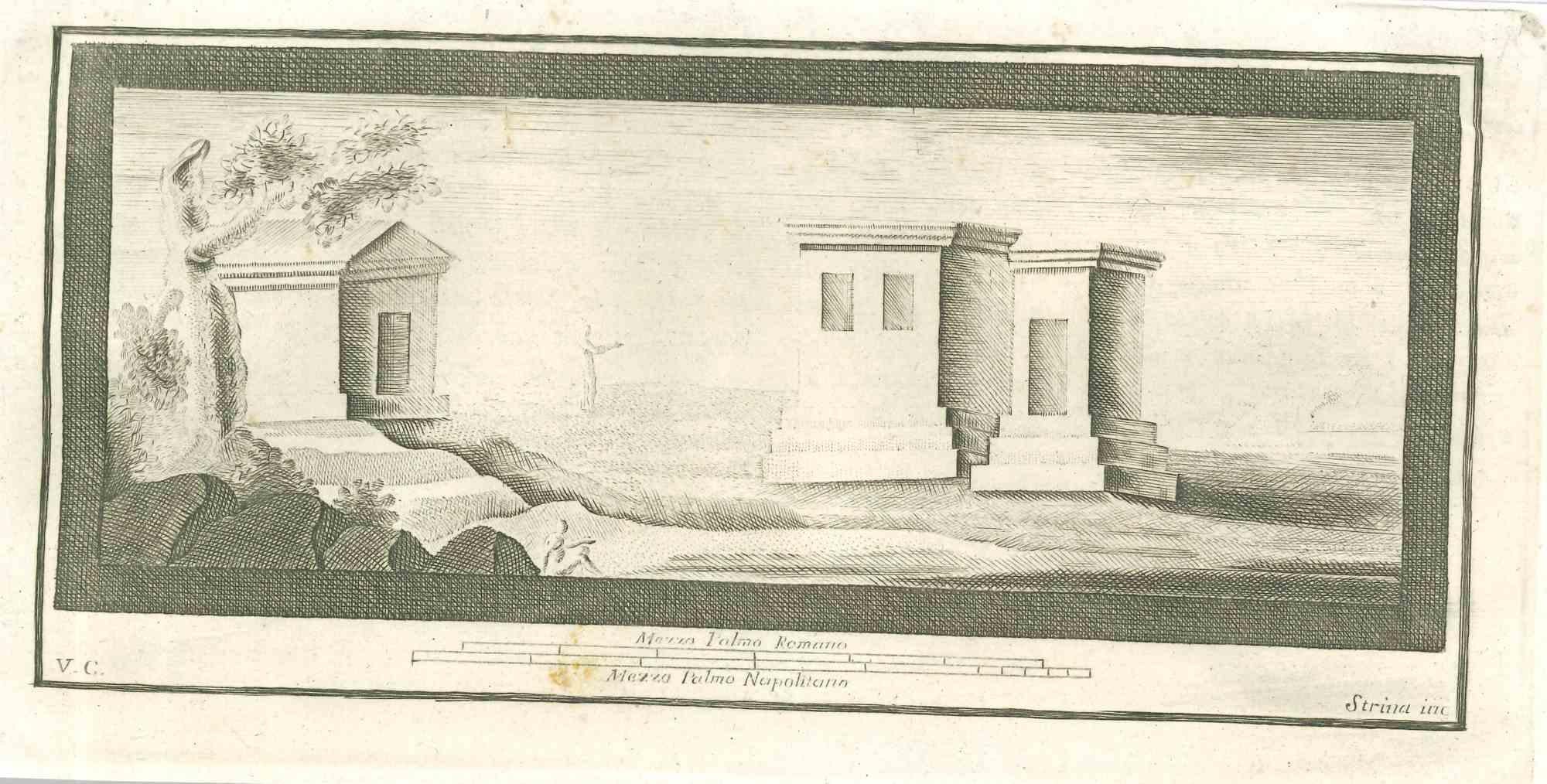 Affresco del Tempio Romano dalle "Antichità di Ercolano" è un'incisione su carta realizzata da Fernando Strina nel XVIII secolo.

Firmato sul piatto.

Buone condizioni.

L'incisione appartiene alla suite di stampe "Antiquities of Herculaneum