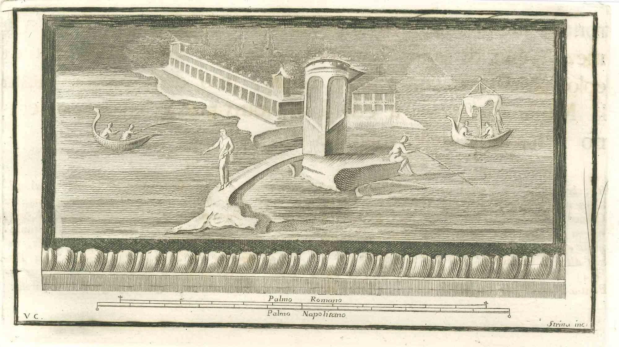 Affresco del Tempio Romano dalle "Antichità di Ercolano" è un'incisione su carta realizzata da Fernando Strina nel XVIII secolo.

Firmato sul piatto.

Buone condizioni.

L'incisione appartiene alla suite di stampe "Antiquities of Herculaneum