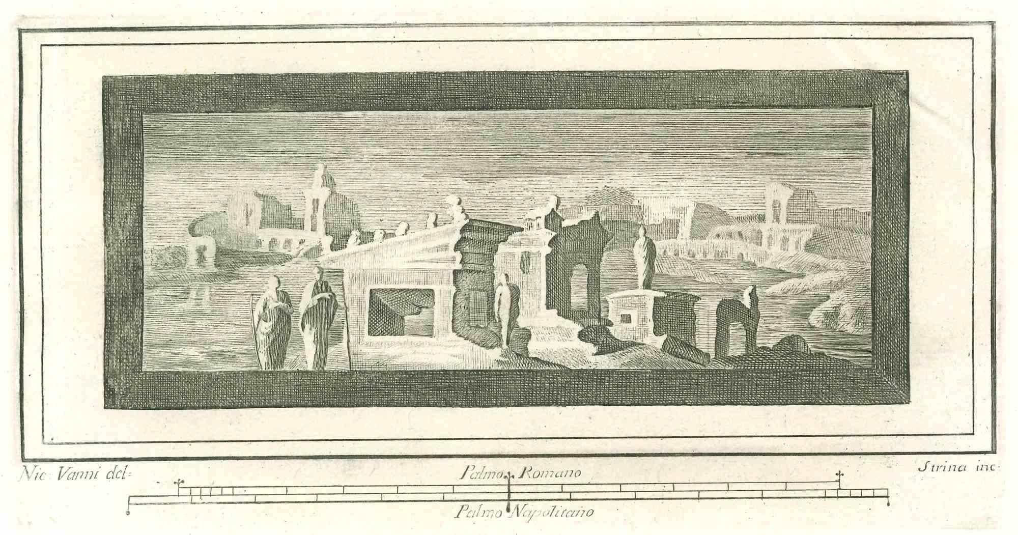 Roman Temple Fresco from "Antiquities of Herculaneum" is an etching on paper realized by Fernando Strina in the 18th Century.

Signed on the plate.

Good conditions.

The etching belongs to the print suite “Antiquities of Herculaneum Exposed”