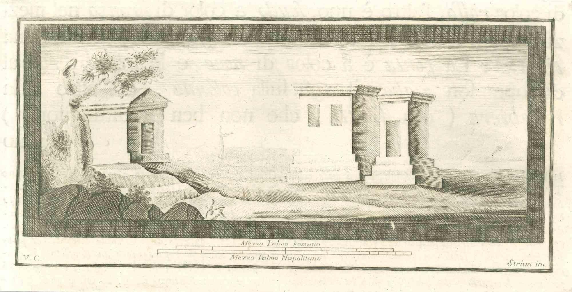 Roman Temple Fresco from "Antiquities of Herculaneum" is an etching on paper realized by Fernando Strina in the 18th Century.

Signed on the plate.

Good conditions.

The etching belongs to the print suite “Antiquities of Herculaneum Exposed”