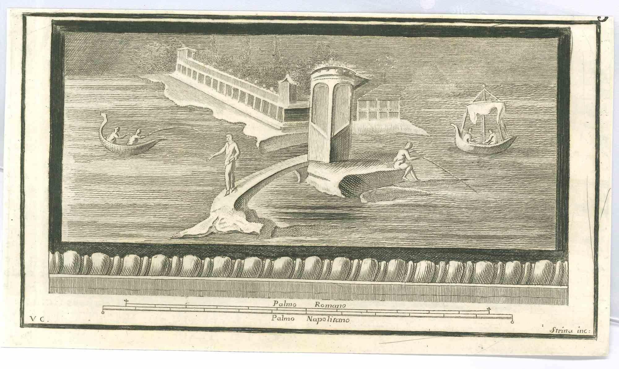 L'Affresco del Tempio Pompeiano dalle "Antichità di Ercolano" è un'acquaforte su carta realizzata da Fernando Strina nel XVIII secolo.

Firmato sul piatto.

Buone condizioni.

L'incisione appartiene alla suite di stampe "Antiquities of Herculaneum