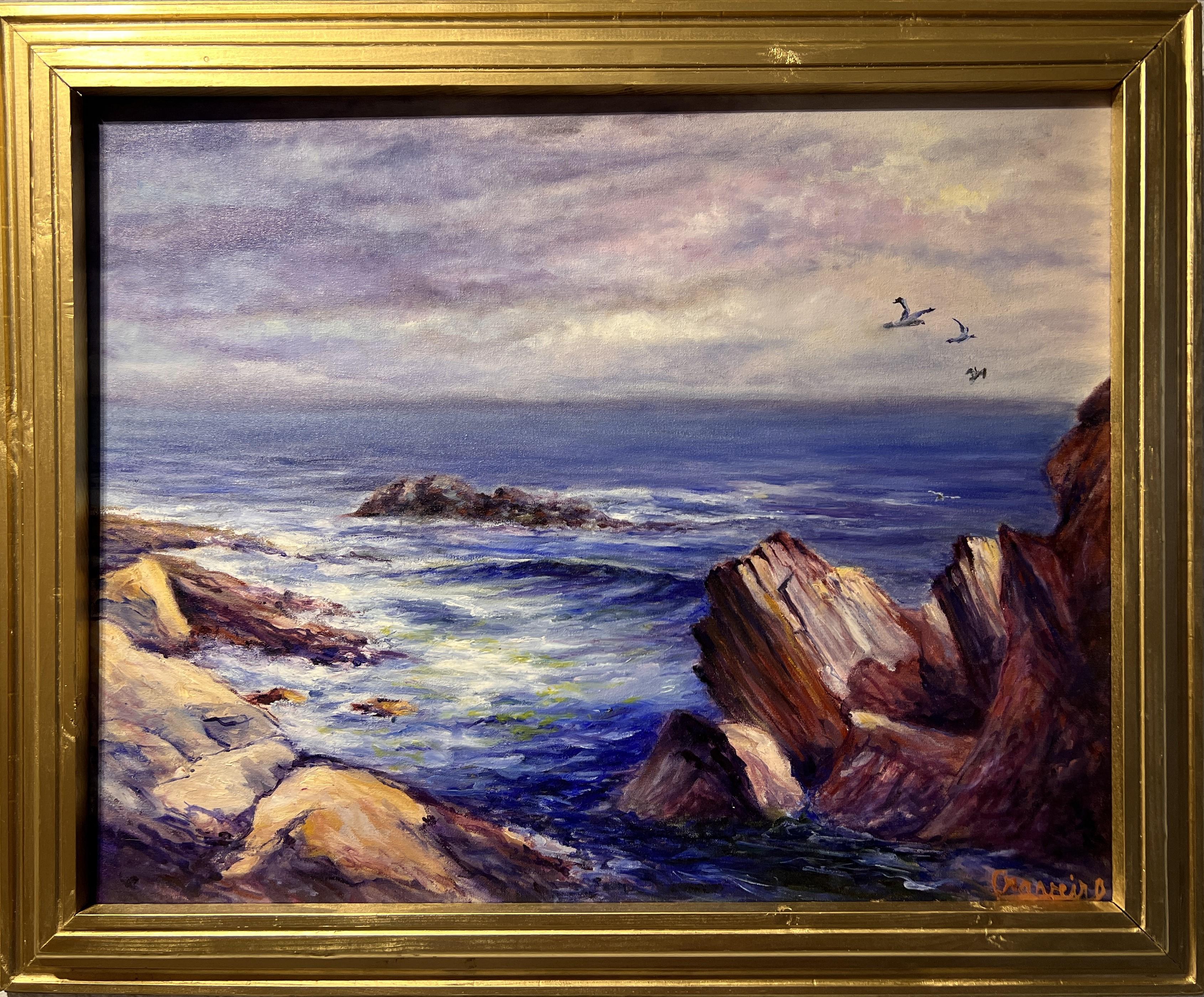 This is an original oil painting on canvas depicting a seascape.

     Framed measuring 36" x 29" & painting measures 30" x 24". Nicely framed.

     The painting is in good condition, the frame has some scuffs and scratches. Please see photos,