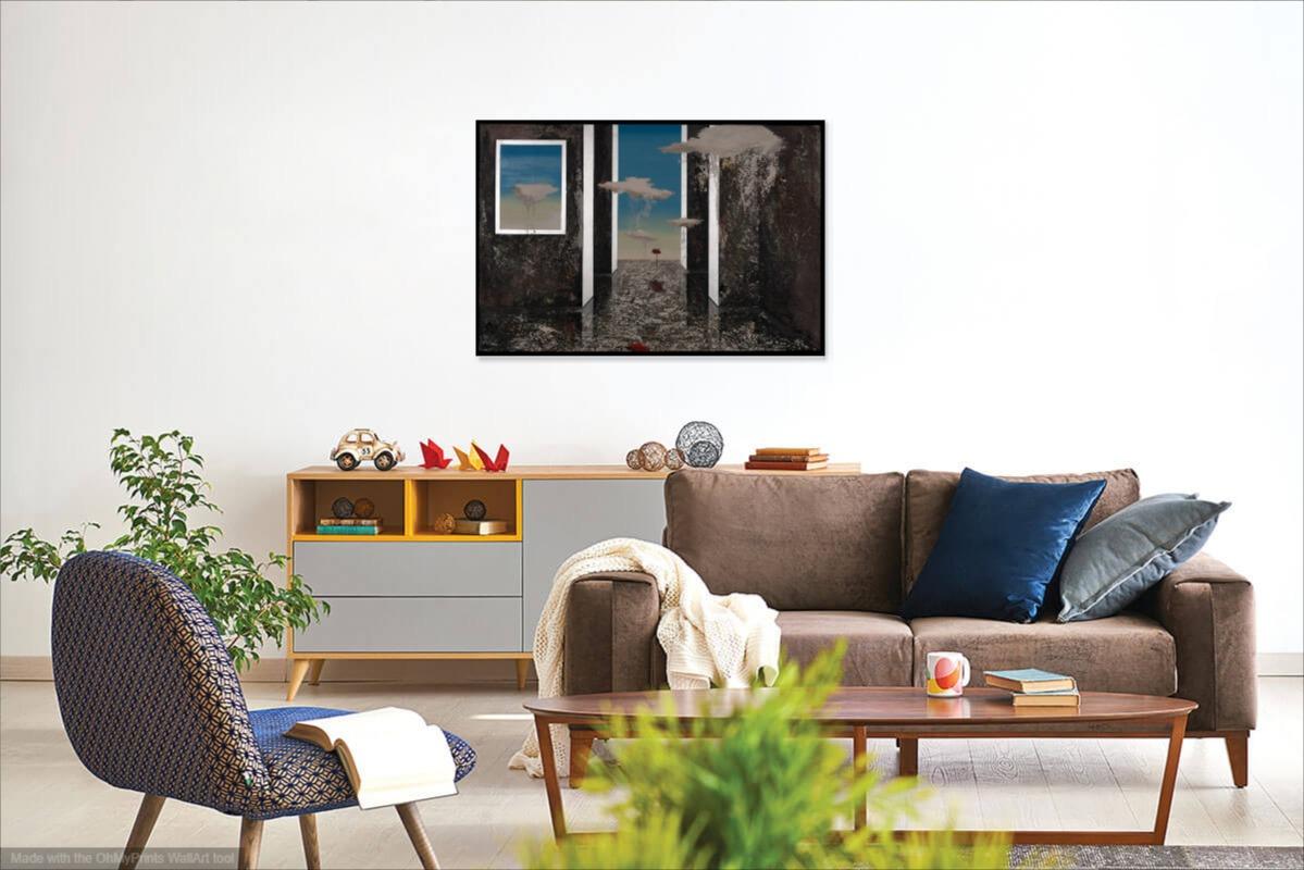 Babel nach Basel - surreales Gemälde, Öl auf Leinwand in blau-grauen Farbtönen (Surrealismus), Painting, von Fernando Vignoli
