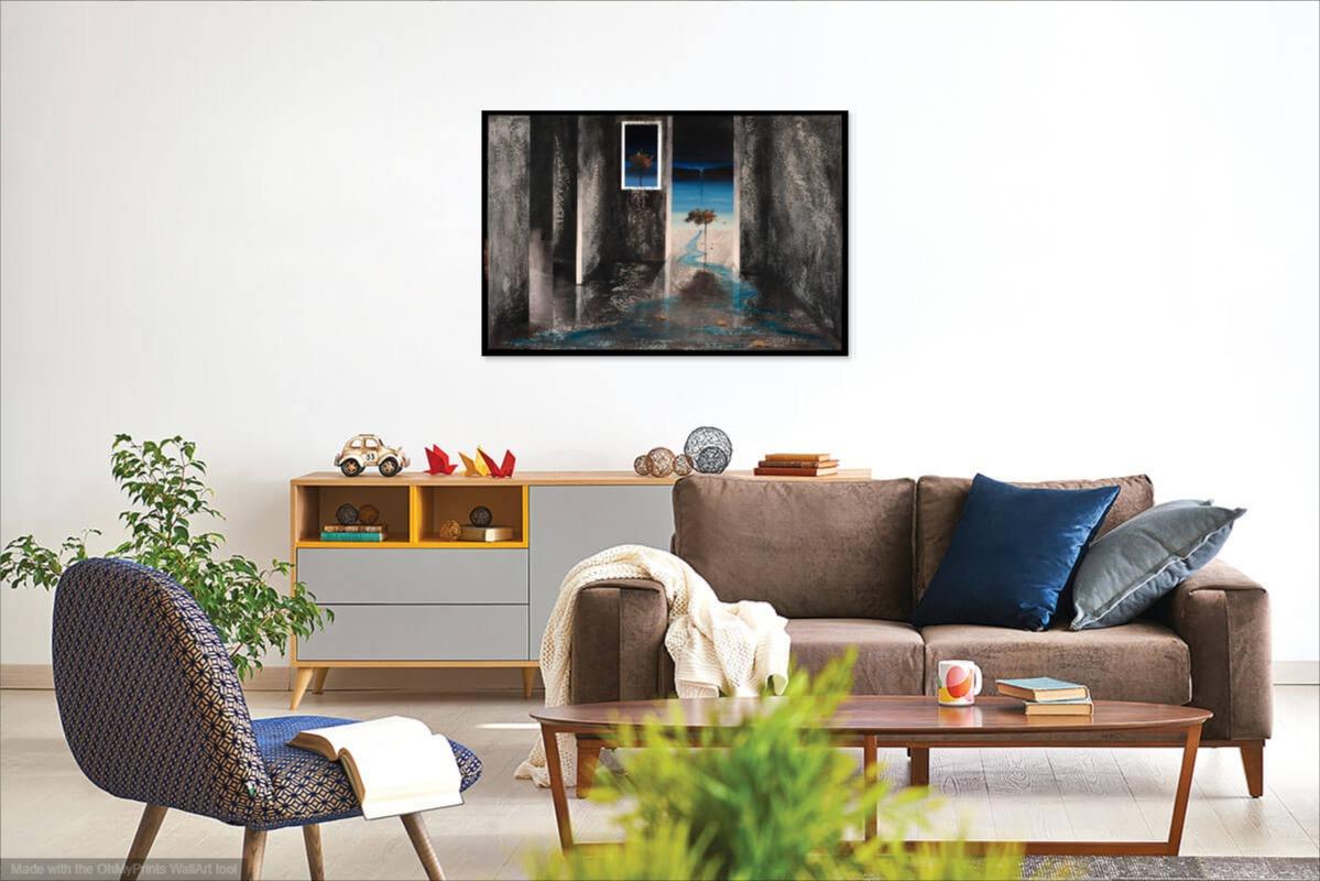 « Blue Water » - Peinture surréaliste horizontale à l'horizontale avec des nuances de bleu et de gris, huile sur toile - Painting de Fernando Vignoli
