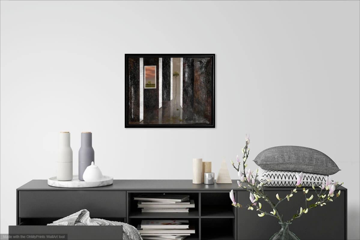 Natural Windows surreal painting oil on canvas- grey shadows - Painting by Fernando Vignoli