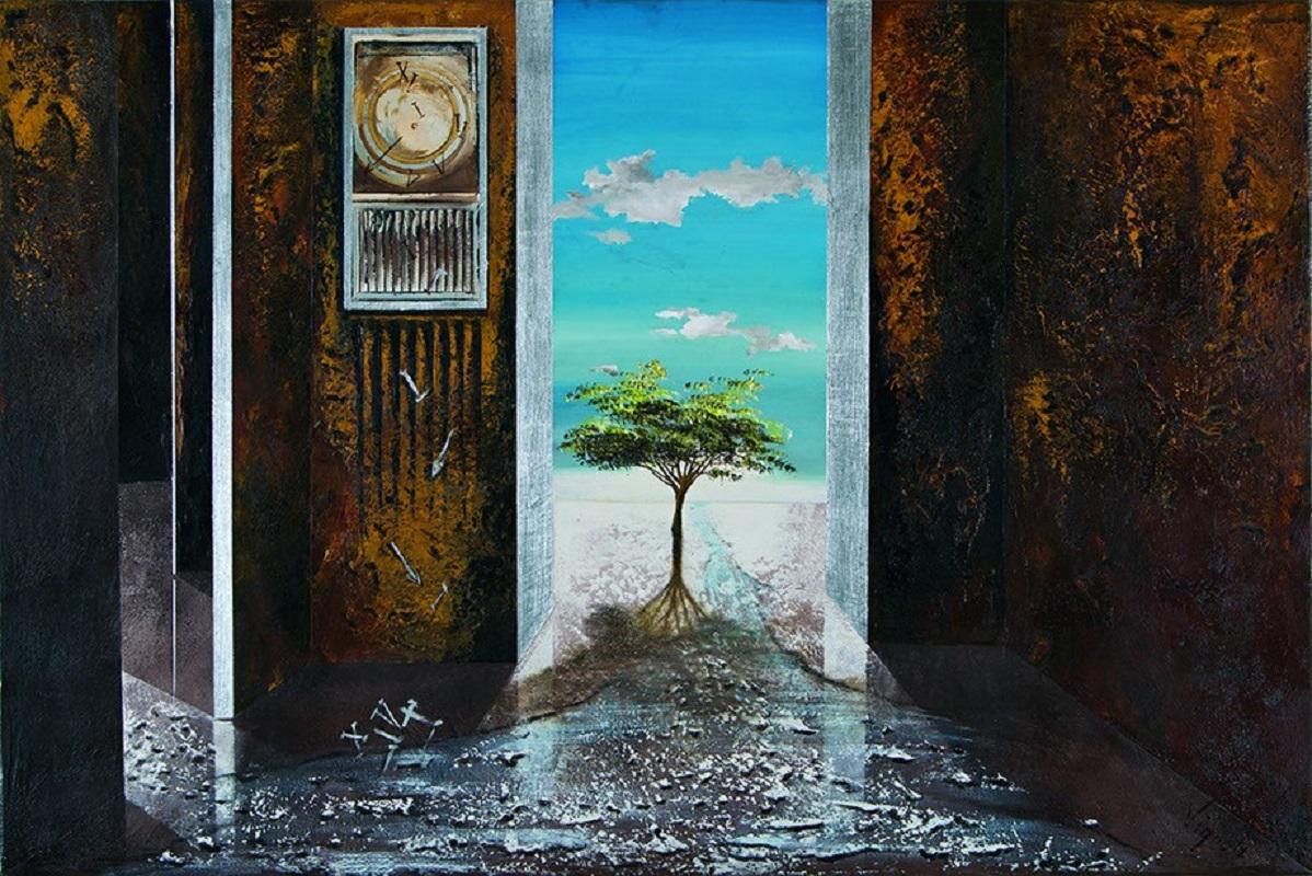 "Nature's Time" - Horizontal surreal painting, oil on canvas - dark blue sky.