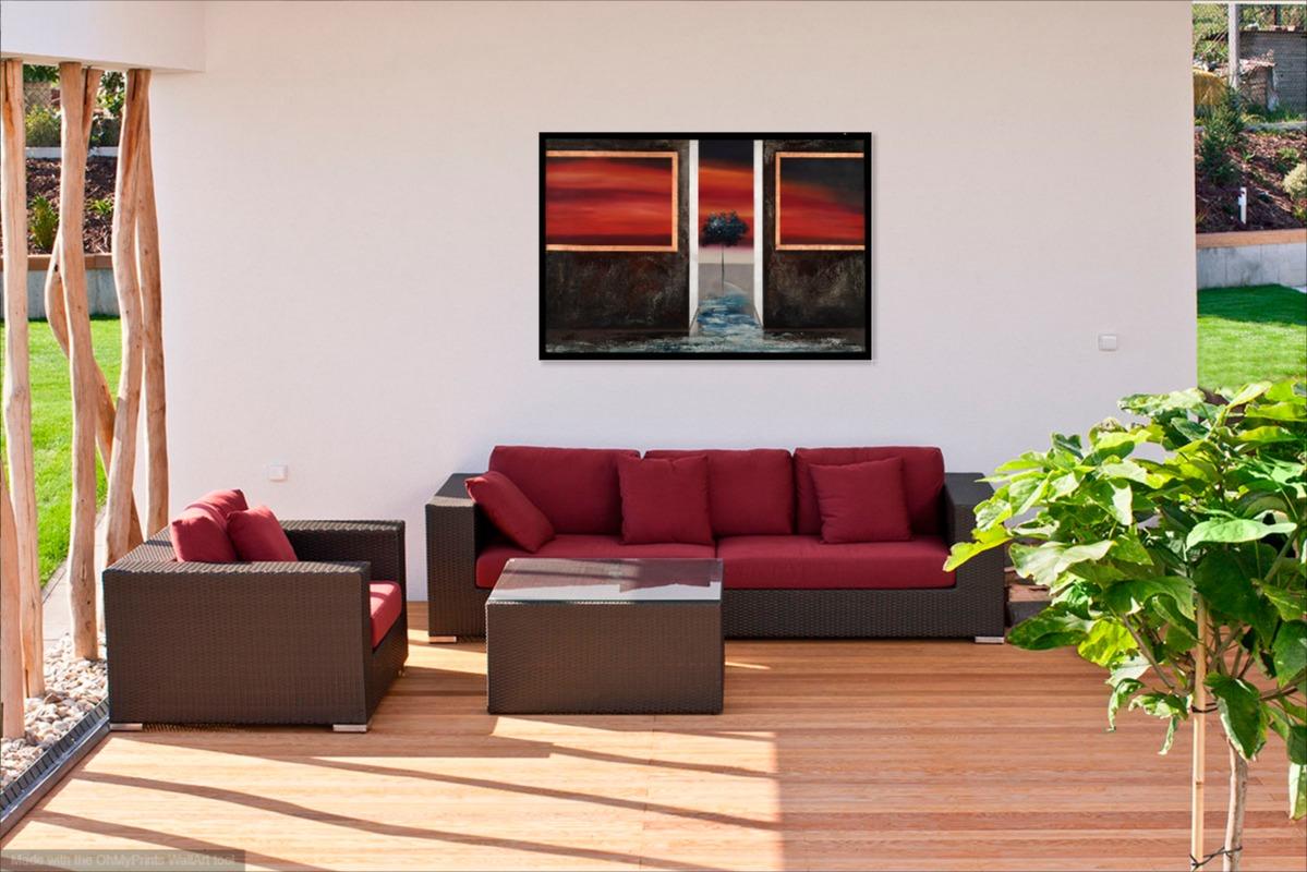 Terra do Fogo dipinto surreale olio su tela - rosso tramonto - Painting di Fernando Vignoli