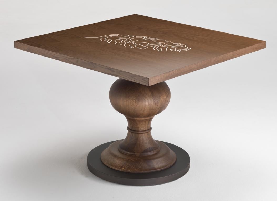 Italian FERNE Square Solid Oak Dining Table with Pine Cone Inlaid Top and Metal Details For Sale