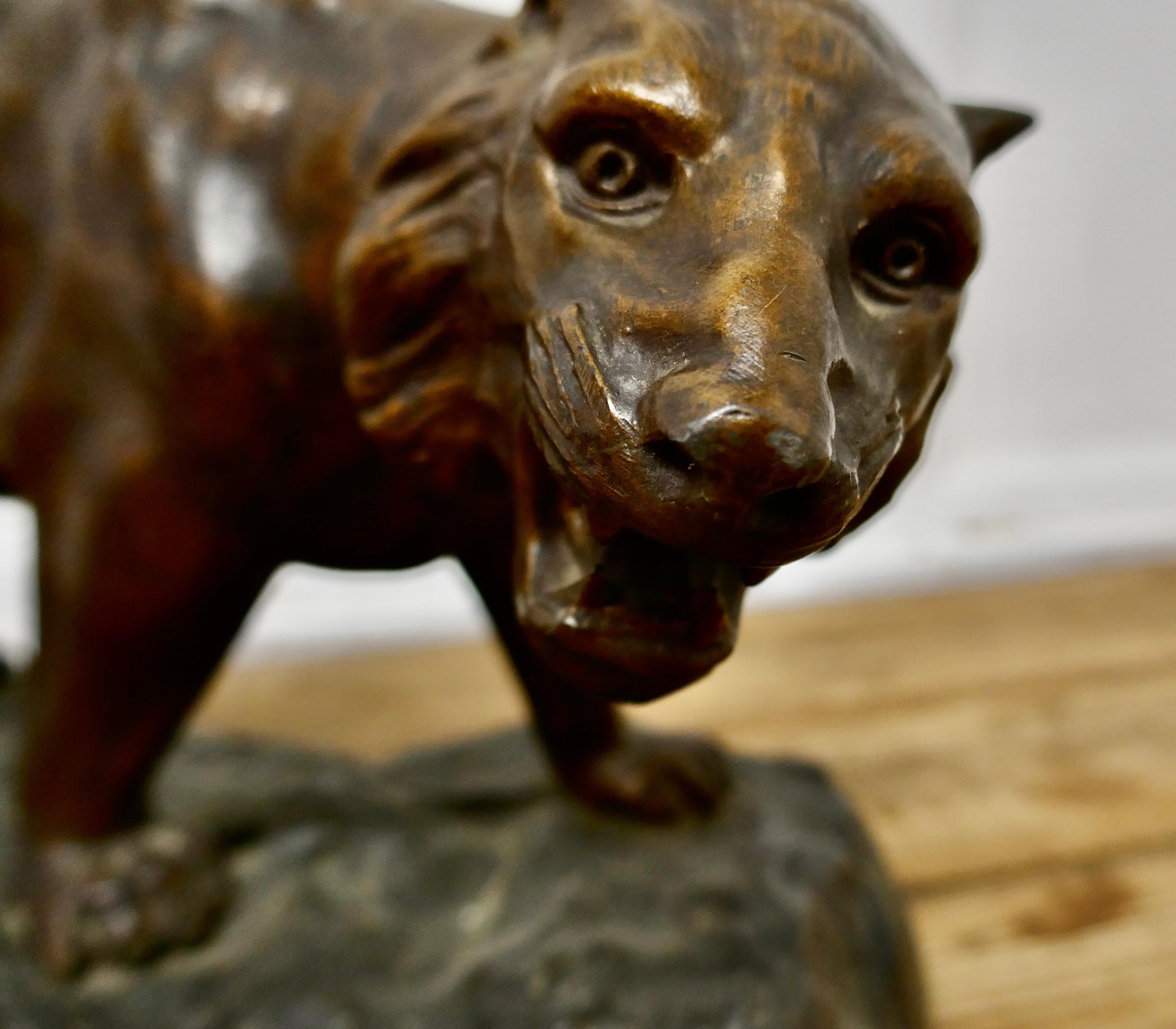 Ferocious bronze tiger statue

A handsome piece made in spelter with a bronzed finish to the animal standing on his rocky plinth
3 dimensional and looks great from all sides
The statue is 8” high, 15” long and 6” wide
TND73.