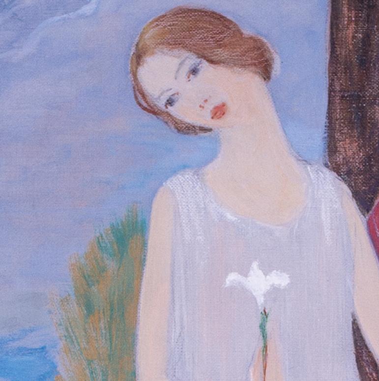 Quadro ad olio originale americano raffigurante figure in un idillio di Ferol K. Sibley - Figurative Painting Grigio di Ferol K. Sibley Warthen