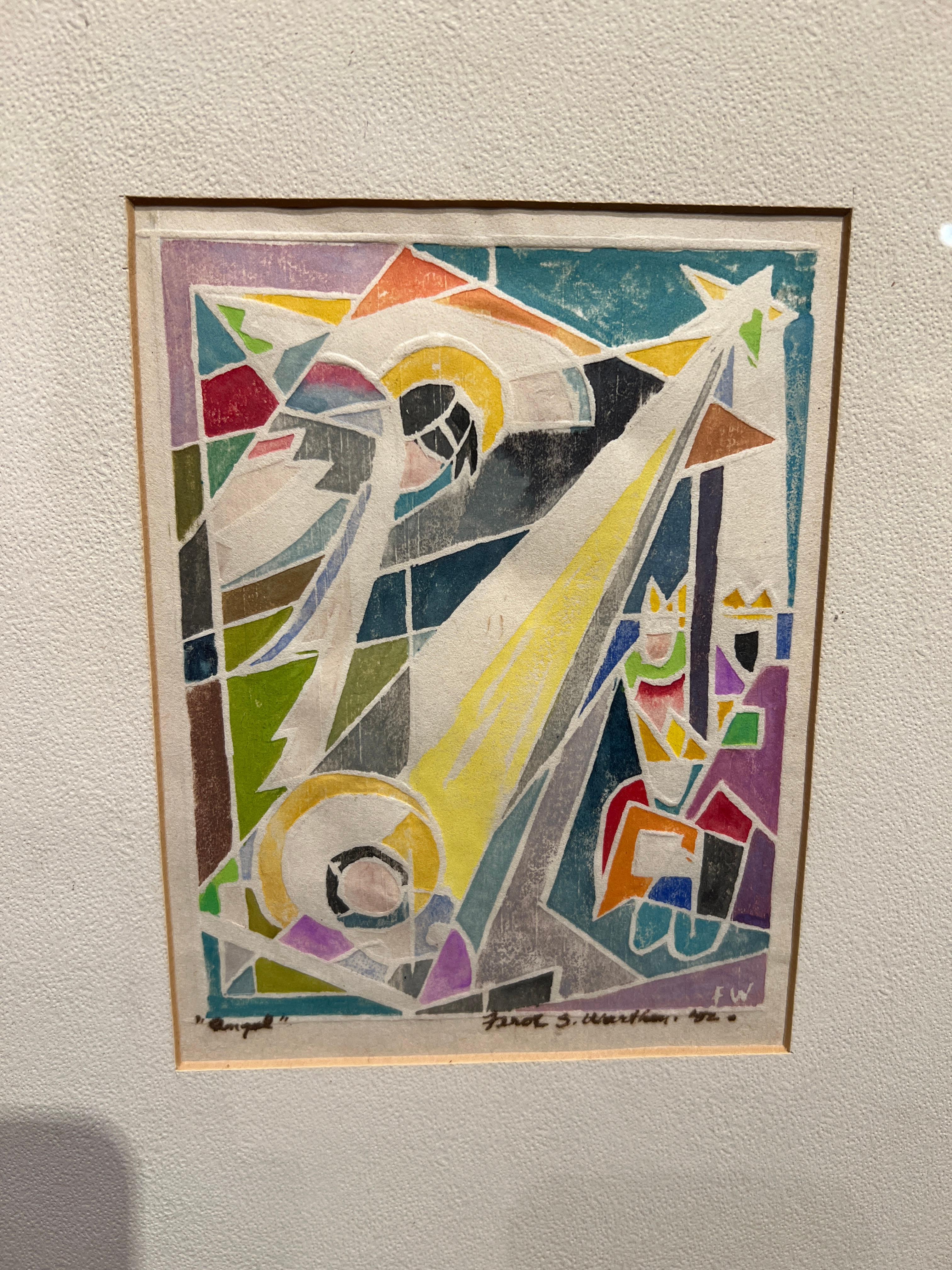 Angel, 1952
Ferol K. Sibley Warthen (American, 1890-1986)
Color Woodblock Print
6.5 x 5 inches
16 x 13.75 inches with frame
Signed Lower Right
Titled Lower Left

Born 1890, Died 1986, Ferrol Warthen was a member of the Provincetown Printers. She was