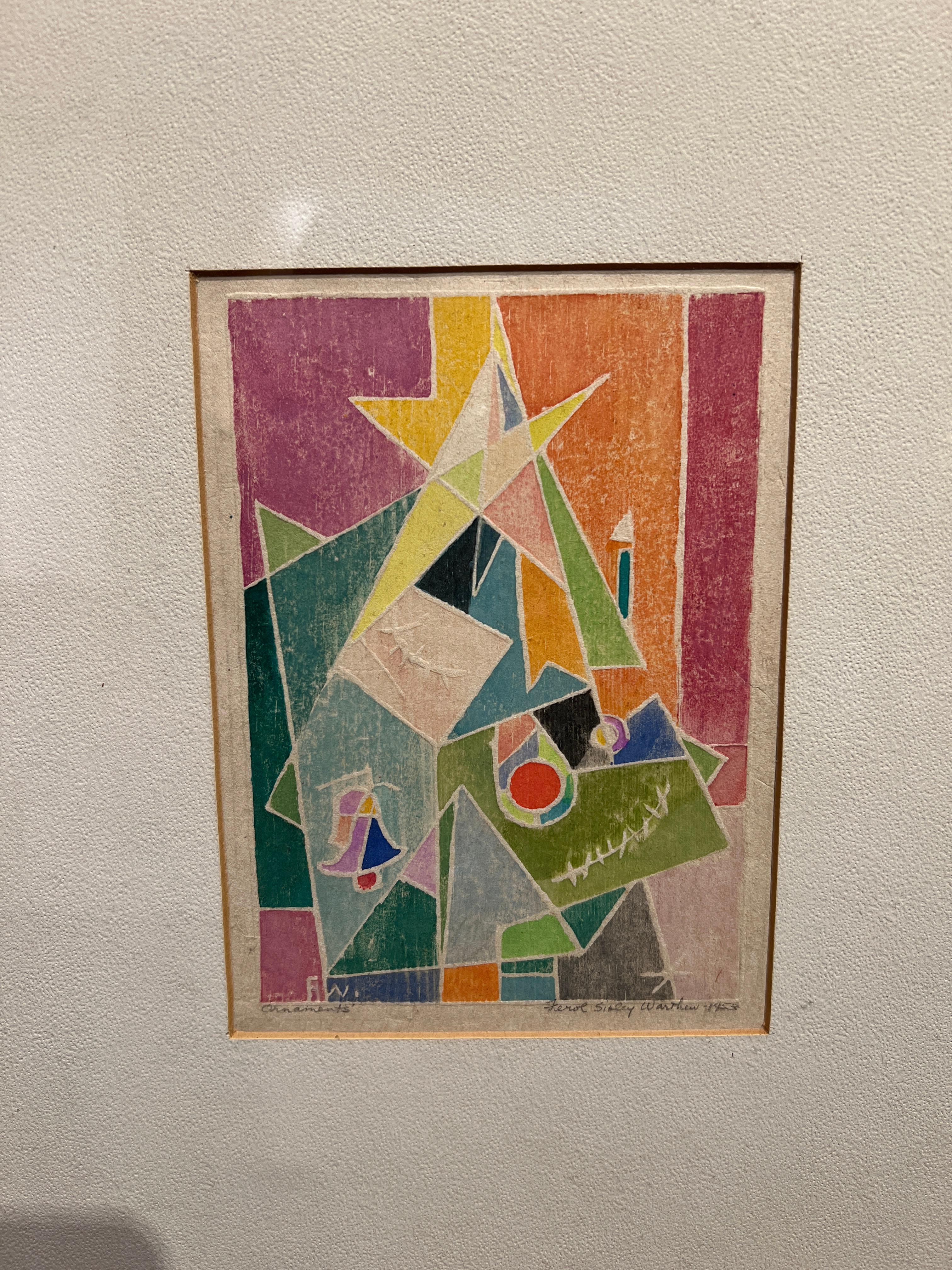Ornamente, 1953
Ferol K. Sibley Warthen (Amerikaner, 1890-1986)
Farbholzschnitt
7 x 4,75 Zoll
16 x 13,75 Zoll mit Rahmen
Signiert und datiert unten rechts
Überschrift unten links

Geboren 1890, Gestorben 1986, Ferrol Warthen war Mitglied der