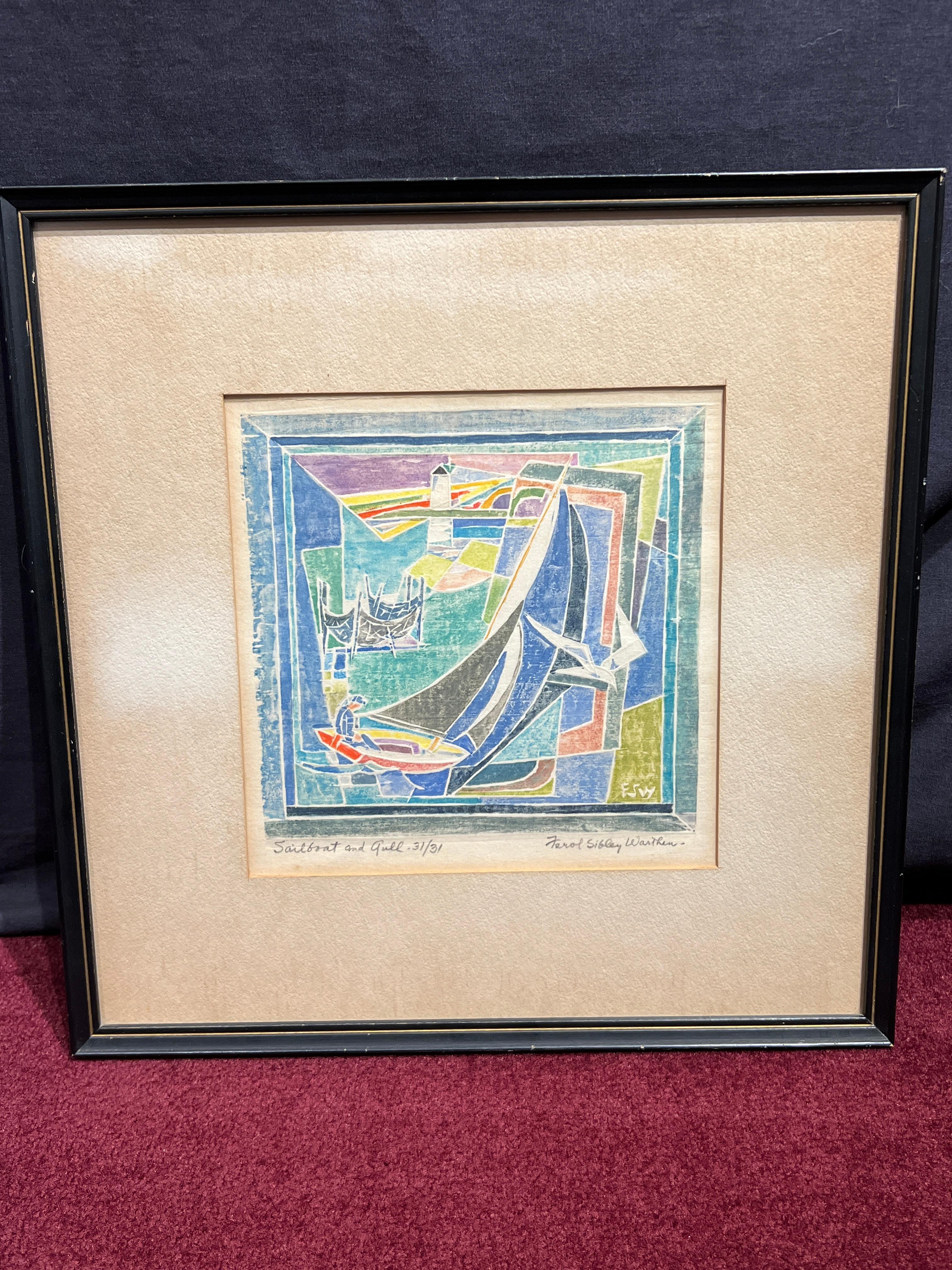 Sailboat and Gull - American Modern Print by Ferol K. Sibley Warthen