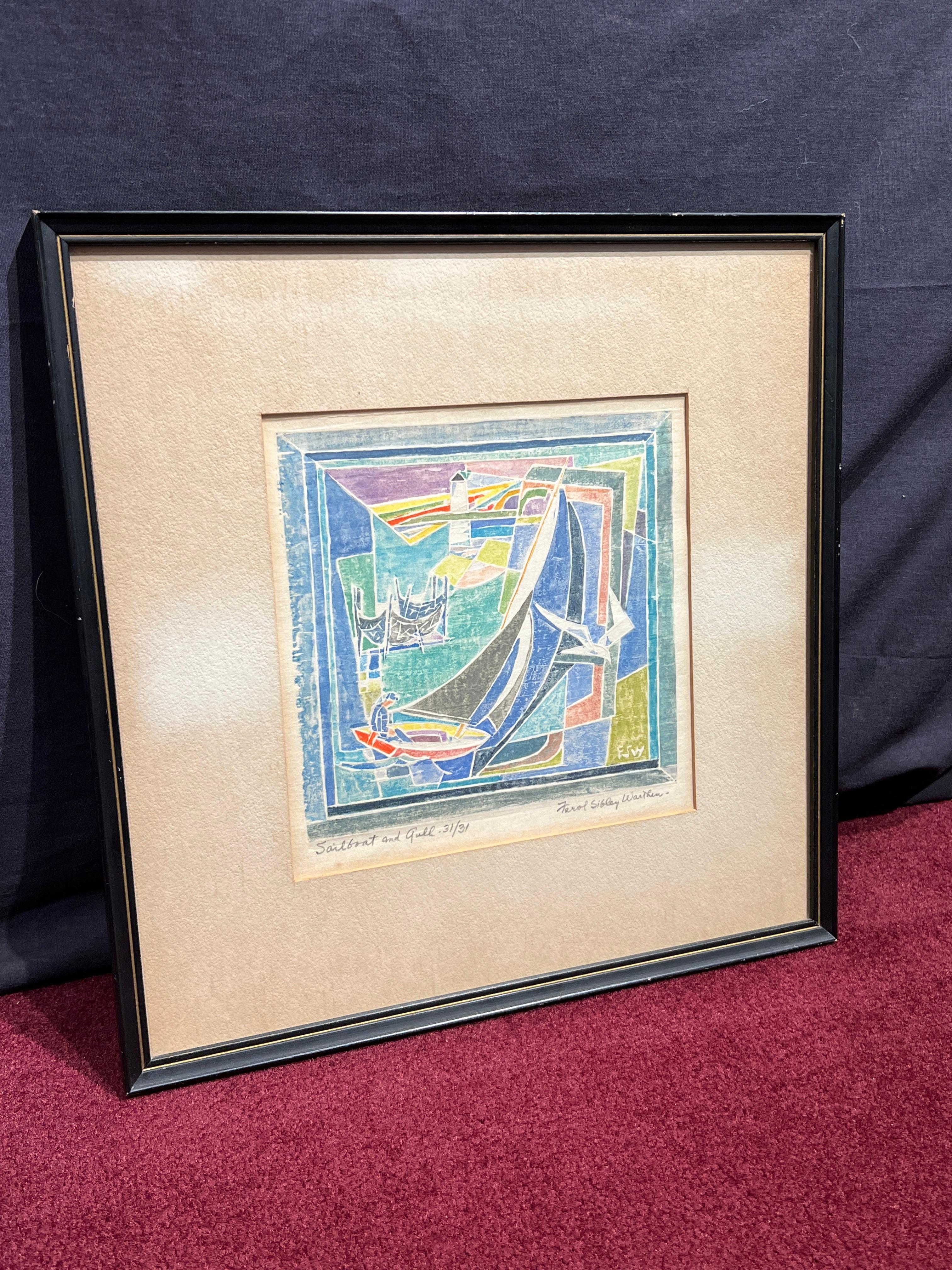 Sailboat and Gull - Gray Figurative Print by Ferol K. Sibley Warthen