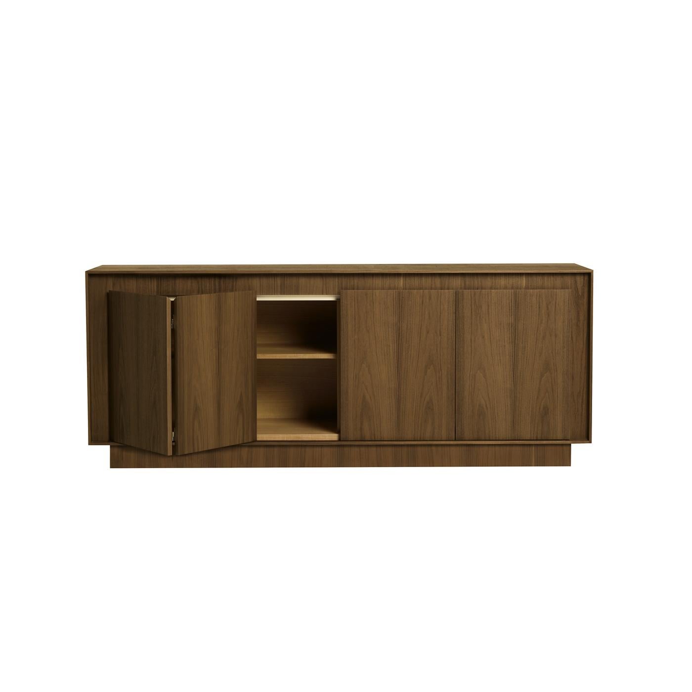 This classy, rectangular wood cabinet has a little surprise up its sleeve with four hinged folding doors that open up to reveal internal shelving for practical storage of items. A poplar and composite wood structure and beautiful walnut wood
