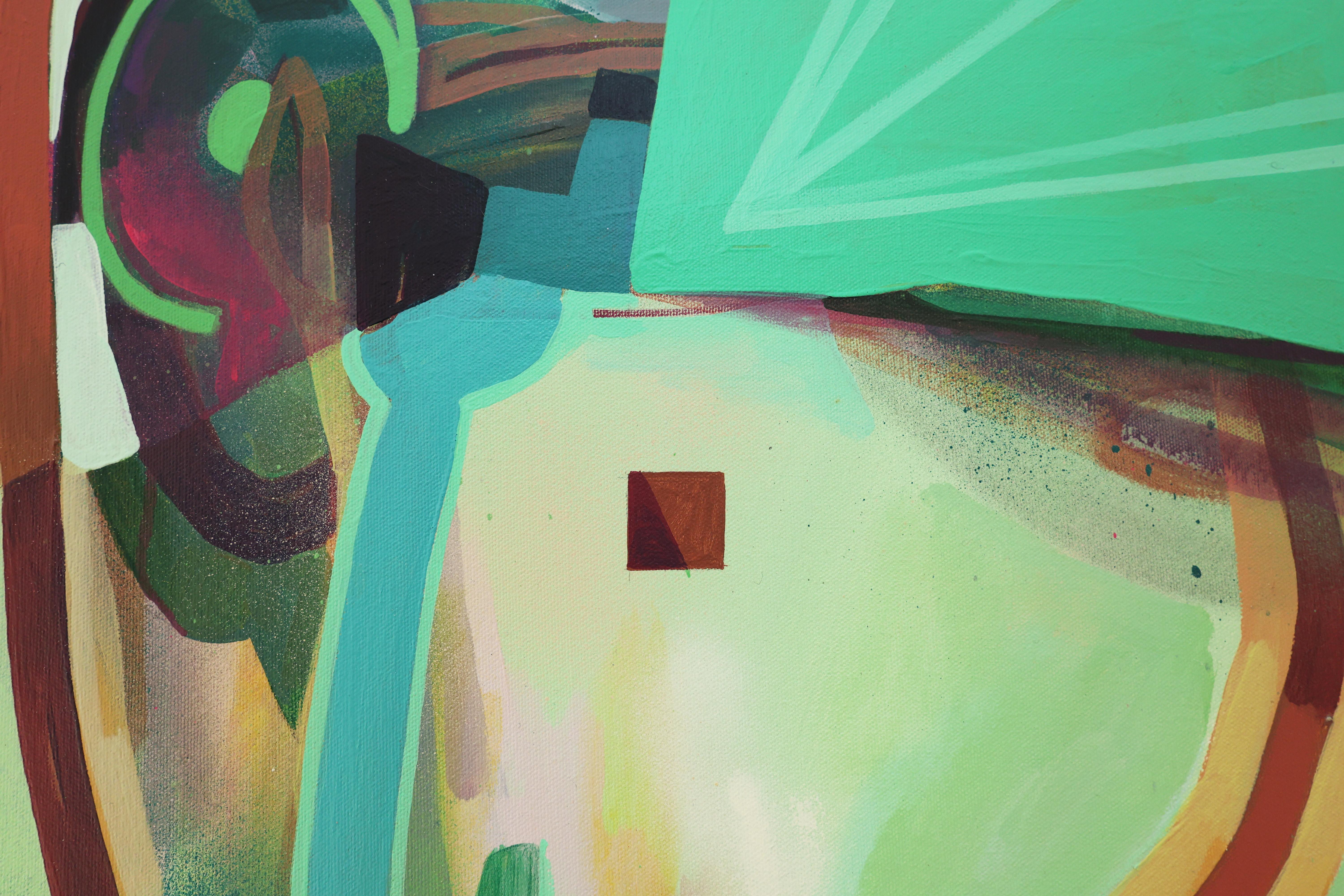 Abstraktes modernes Gemälde, Grün und Teal gerahmte Kunst, 