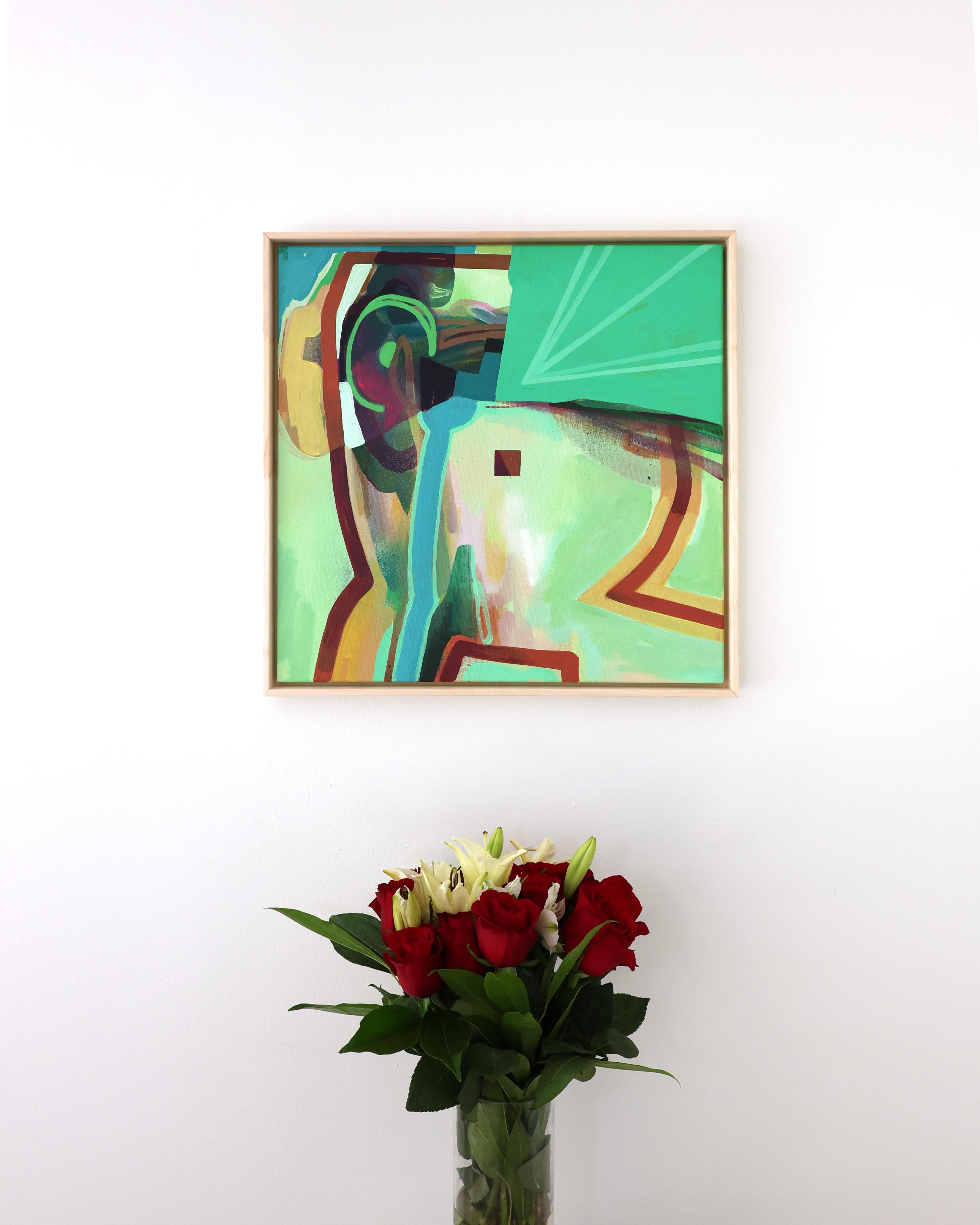 Abstraktes modernes Gemälde, Grün und Teal gerahmte Kunst, 