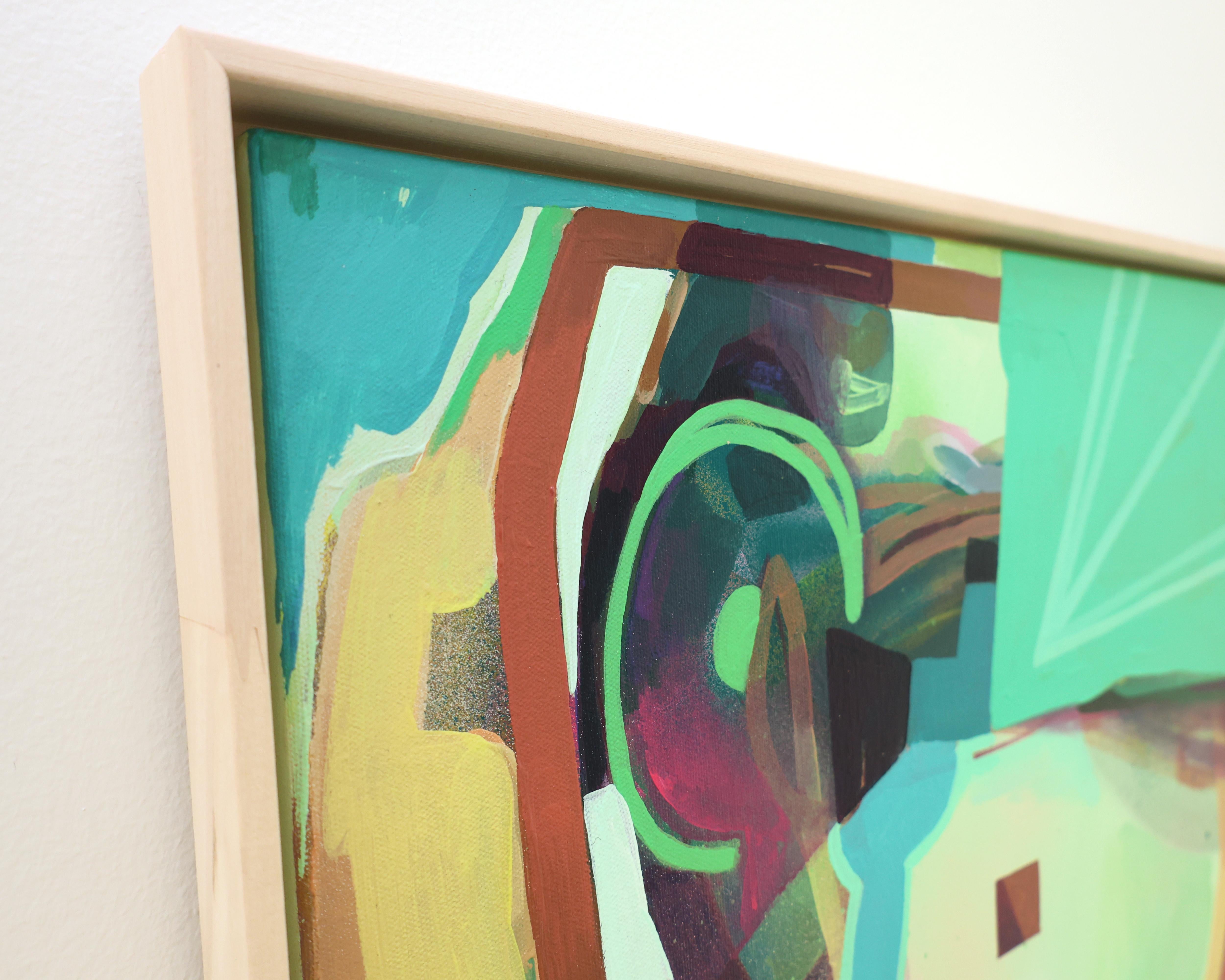 Abstraktes modernes Gemälde, Grün und Teal gerahmte Kunst, 