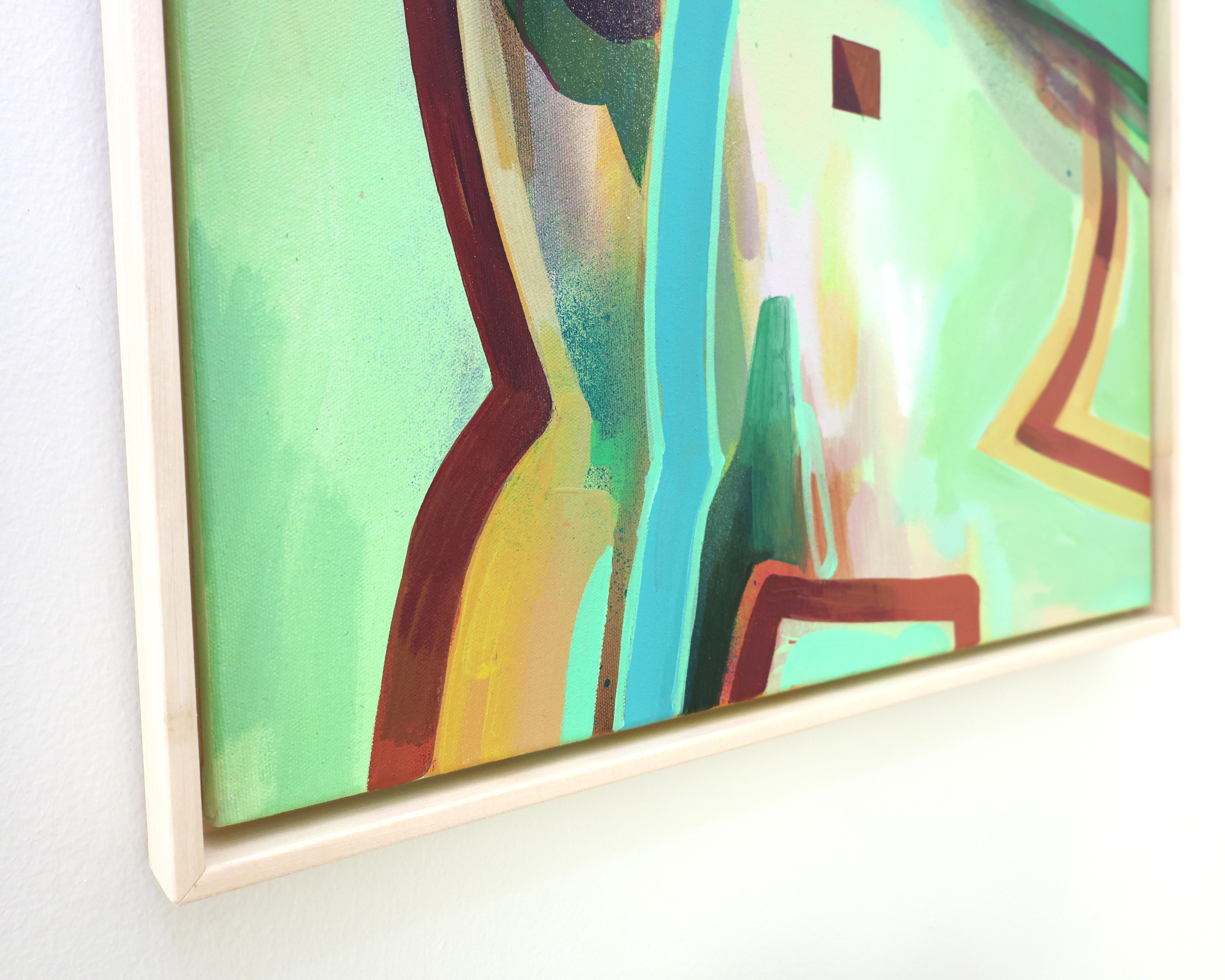 Abstraktes modernes Gemälde, Grün und Teal gerahmte Kunst, 