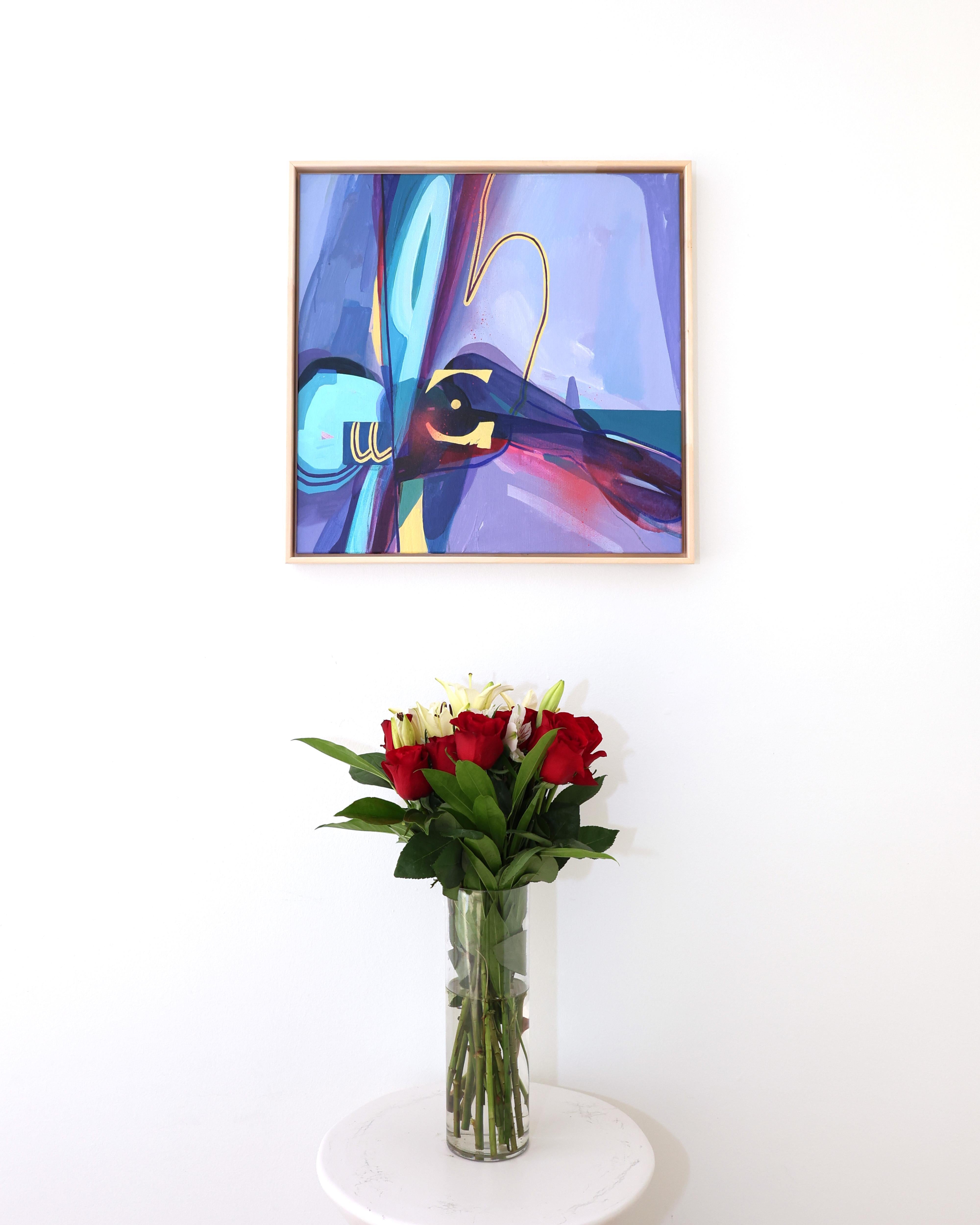 Zeitgenössische abstrakte Acrylmalerei, lila und türkis, gerahmt, In Altum #5 – Painting von FEROS