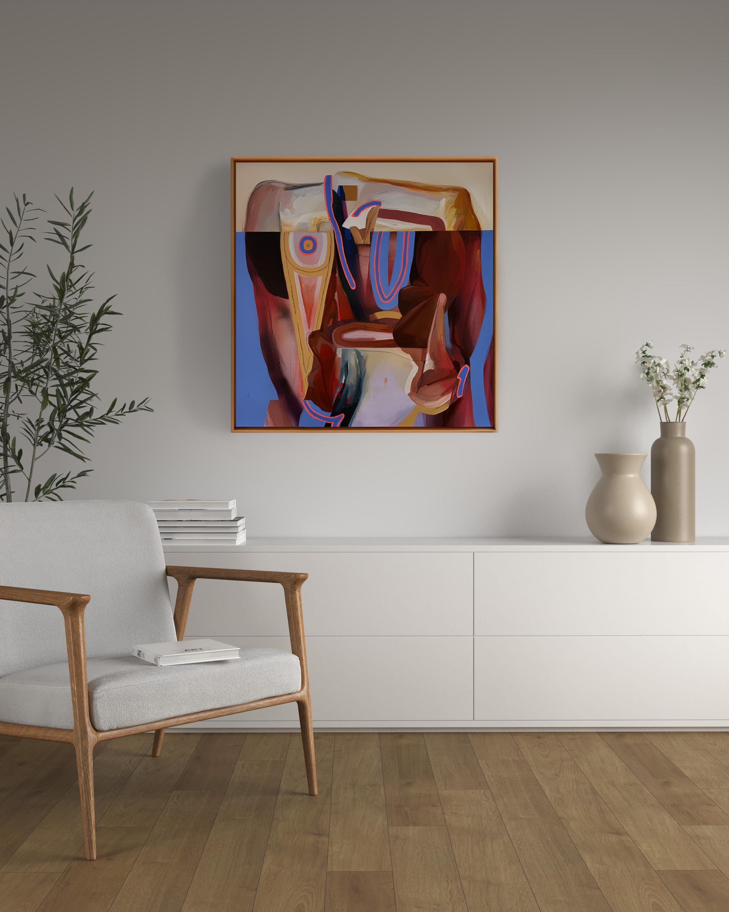 Gerahmte abstrakte Acrylmalerei, Blau, Lila, Gelbtöne, In Altum #2 im Angebot 1