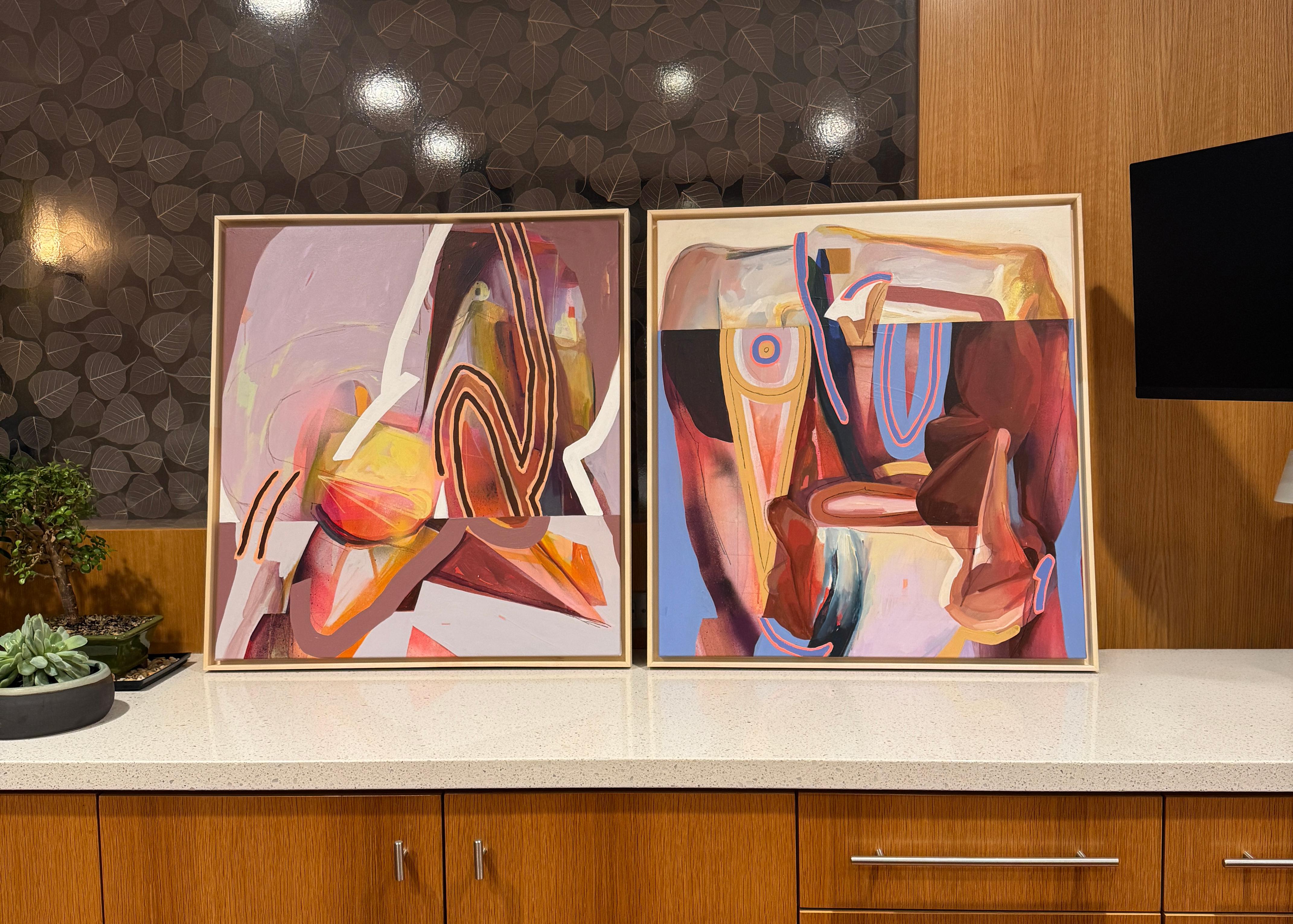 Gerahmtes abstraktes Acrylgemälde, lila und pfirsichfarbene Töne, In Altum #1 (Abstrakter Expressionismus), Painting, von FEROS