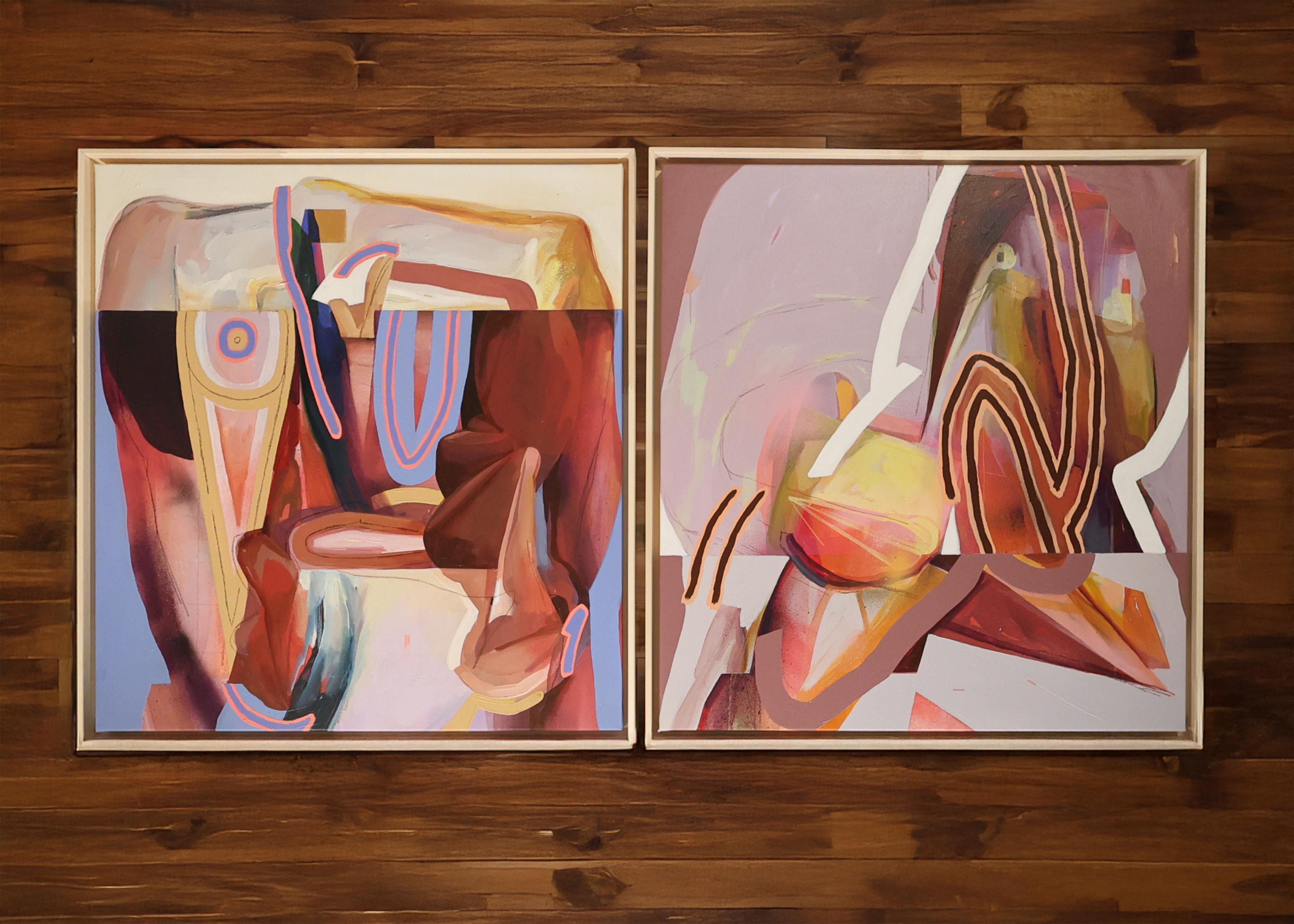 Gerahmtes abstraktes Acrylgemälde, lila und pfirsichfarbene Töne, In Altum #1 (Orange), Interior Painting, von FEROS