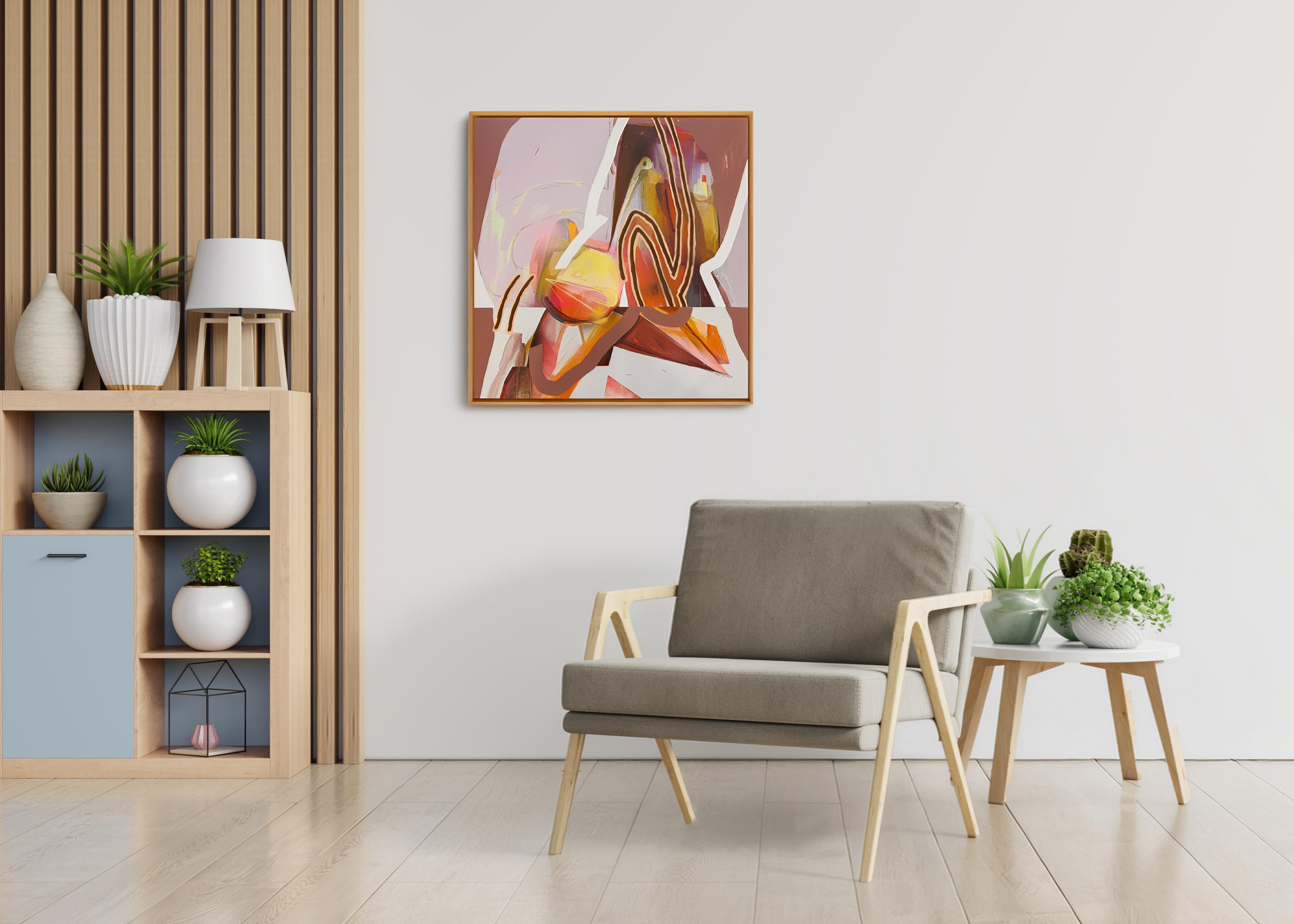 Gerahmtes abstraktes Acrylgemälde, lila und pfirsichfarbene Töne, In Altum #1 im Angebot 1