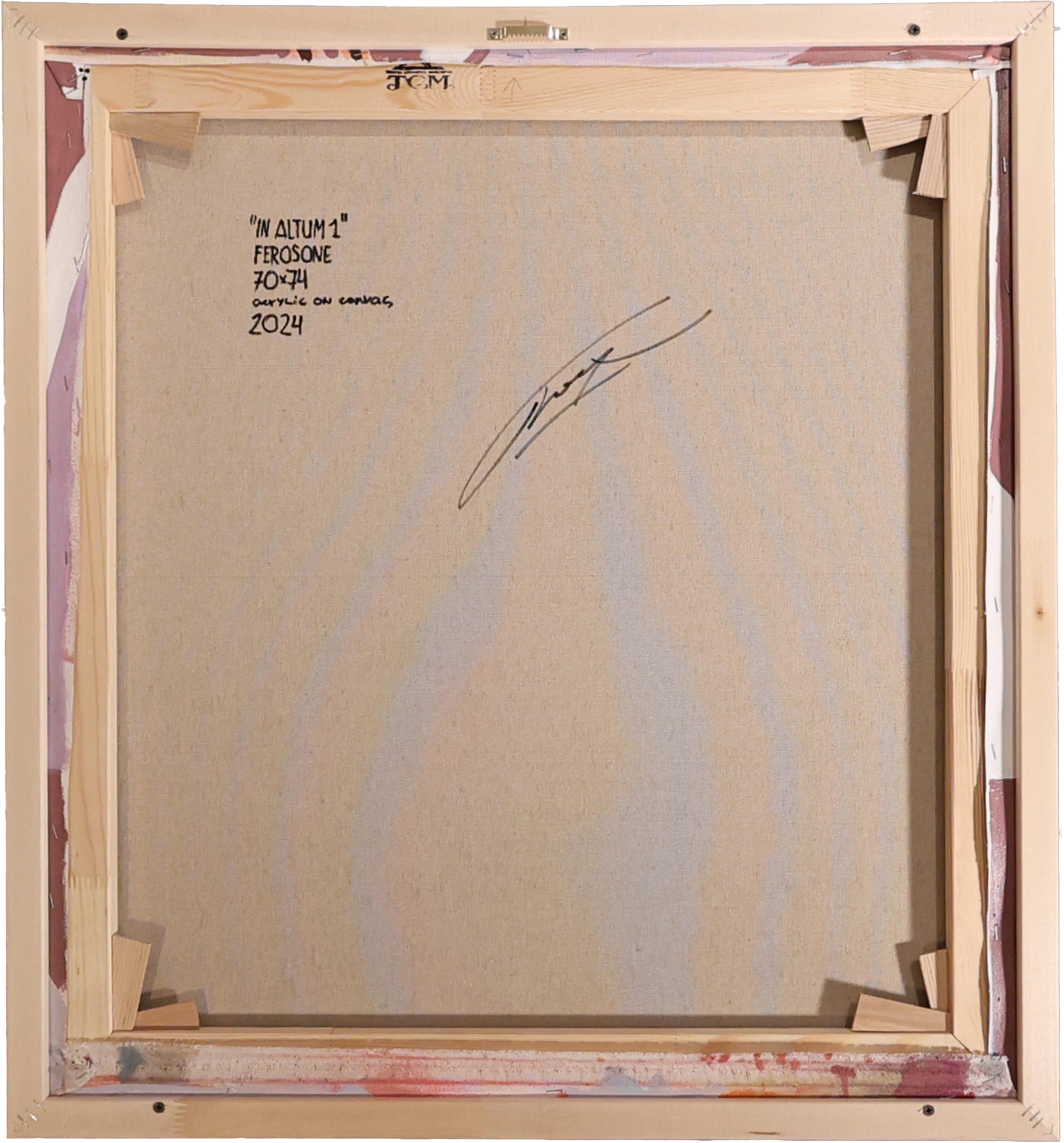 Gerahmtes abstraktes Acrylgemälde, lila und pfirsichfarbene Töne, In Altum #1 im Angebot 3