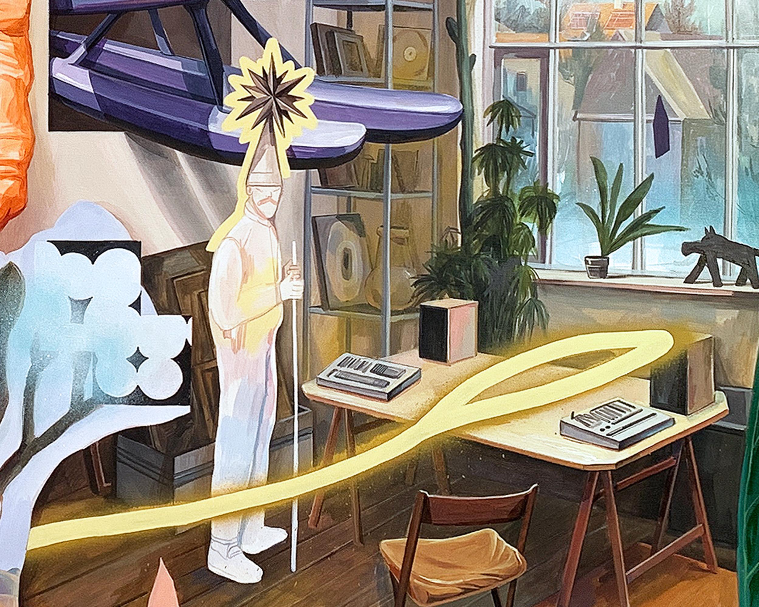 Grande peinture surréaliste, intérieur et paysage oniriques, évasion de la réalité en vente 5