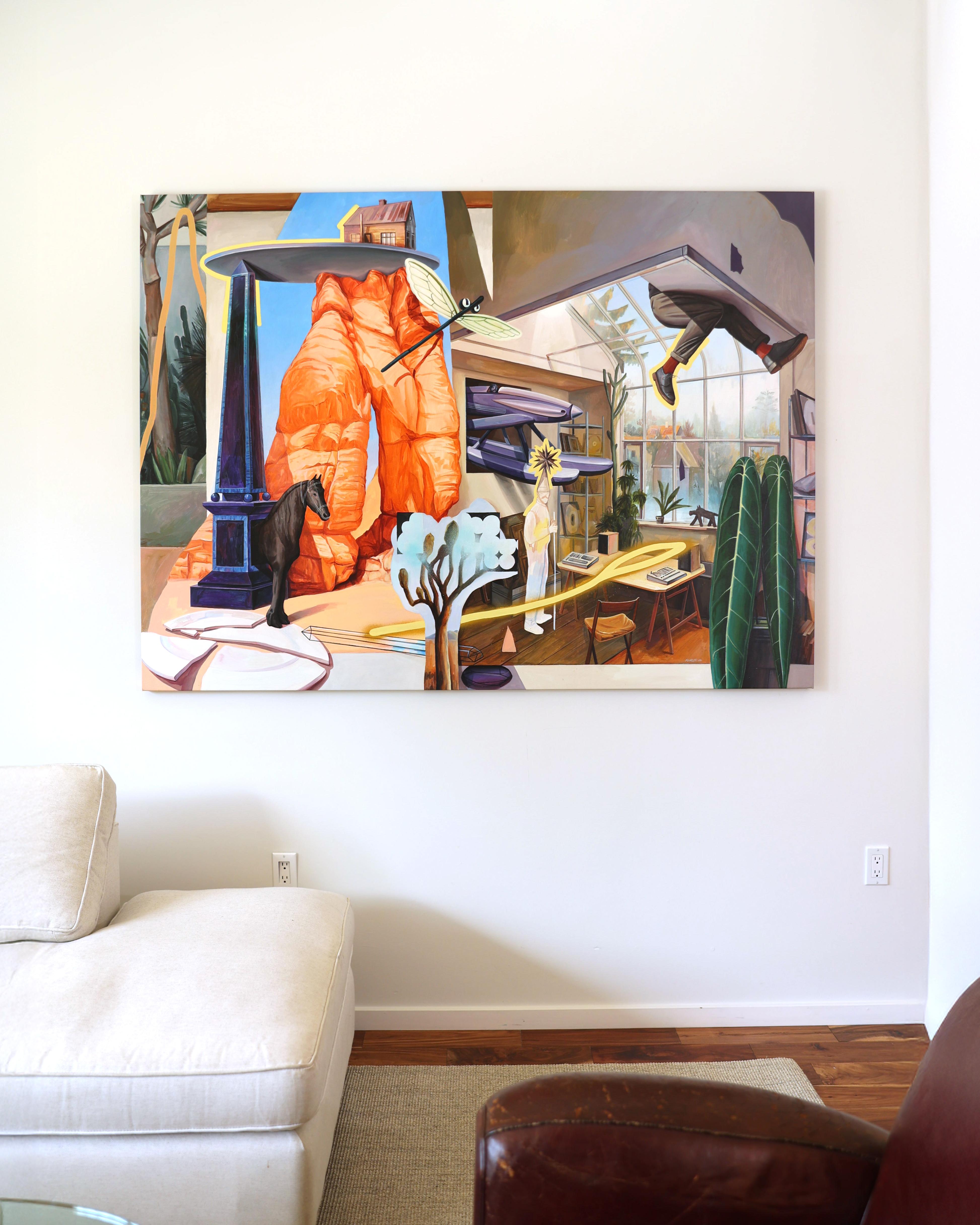 Grande peinture surréaliste, intérieur et paysage oniriques, évasion de la réalité - Painting de FEROS