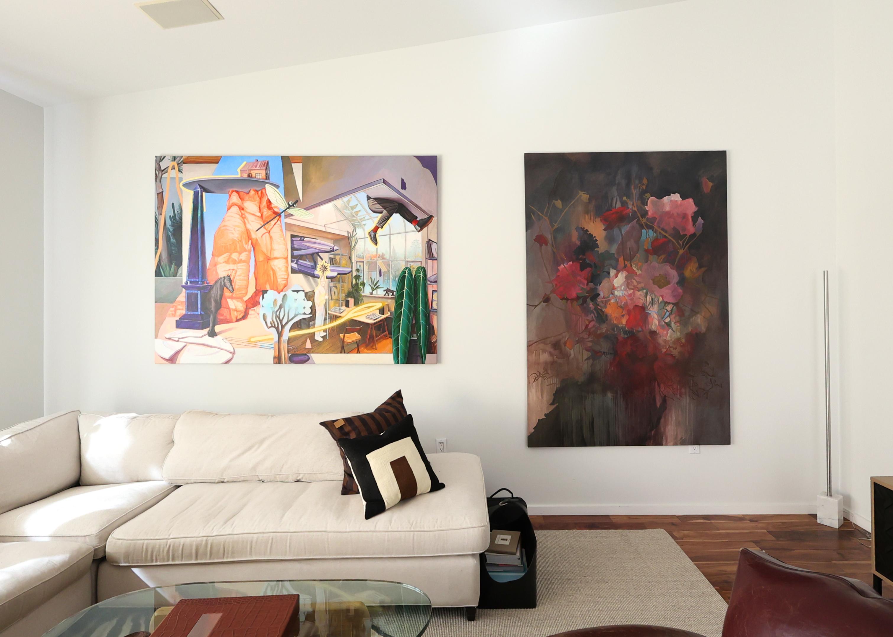 Grande peinture surréaliste, intérieur et paysage oniriques, évasion de la réalité - Surréalisme Painting par FEROS