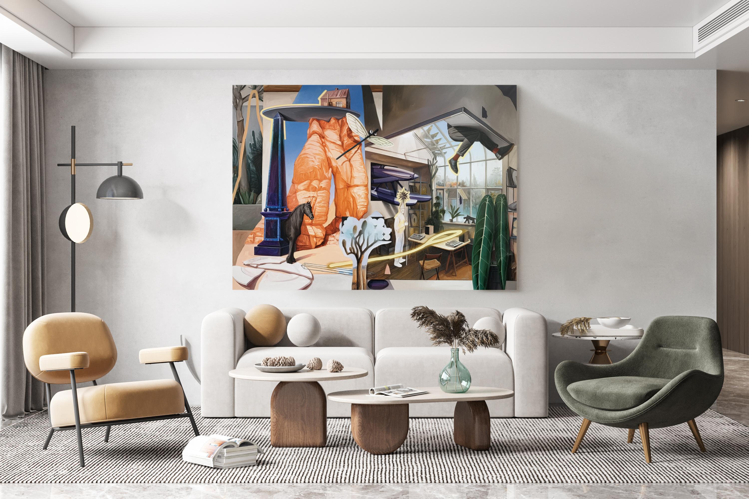Grande peinture surréaliste, intérieur et paysage oniriques, évasion de la réalité - Marron Figurative Painting par FEROS