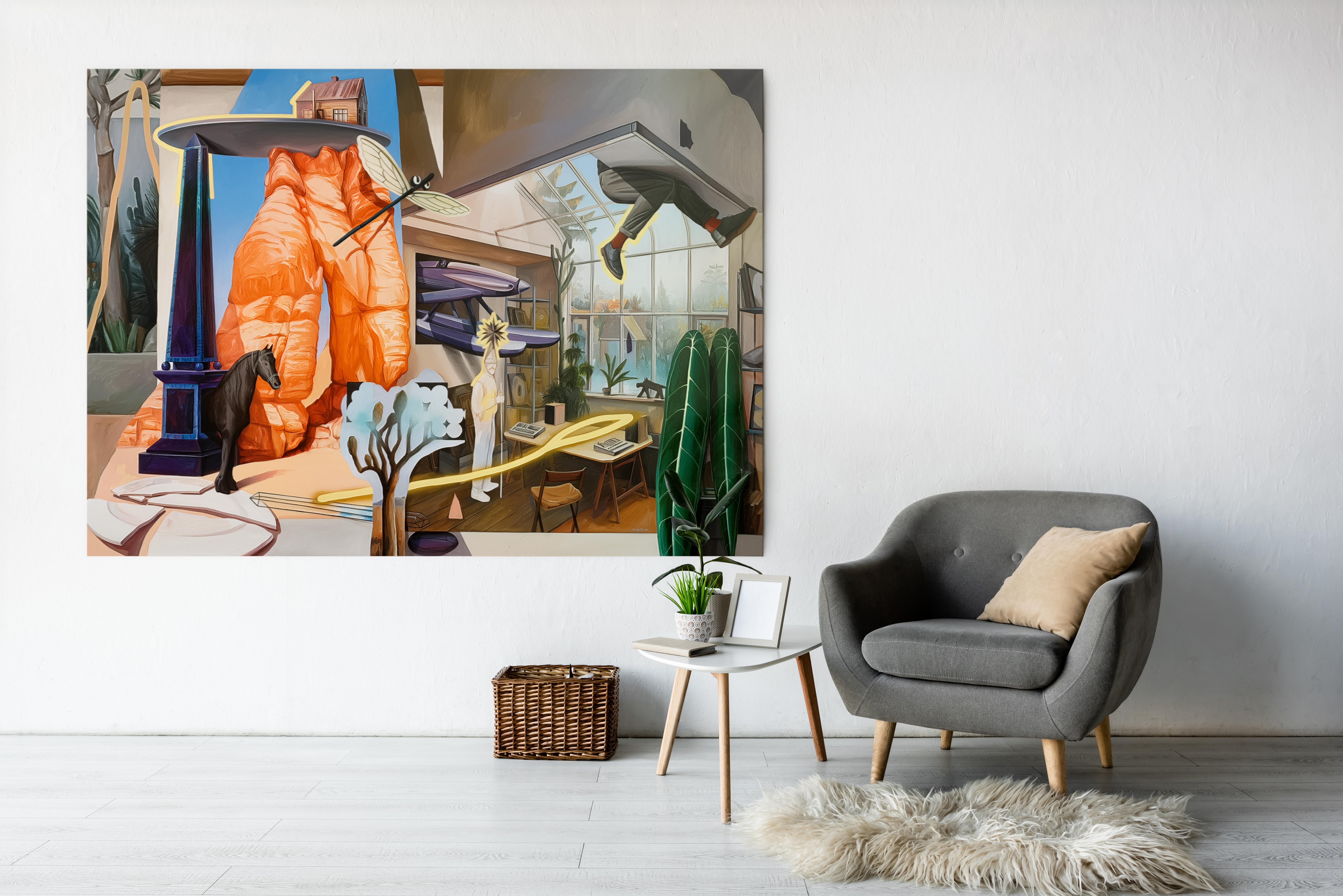 Escape from Reality est une peinture monumentale originale à l'acrylique et au spray sur toile de l'artiste contemporain ukrainien Artistics. Mesurant 55 × 76 pouces, cette œuvre surréaliste à grande échelle plonge le spectateur dans un intérieur