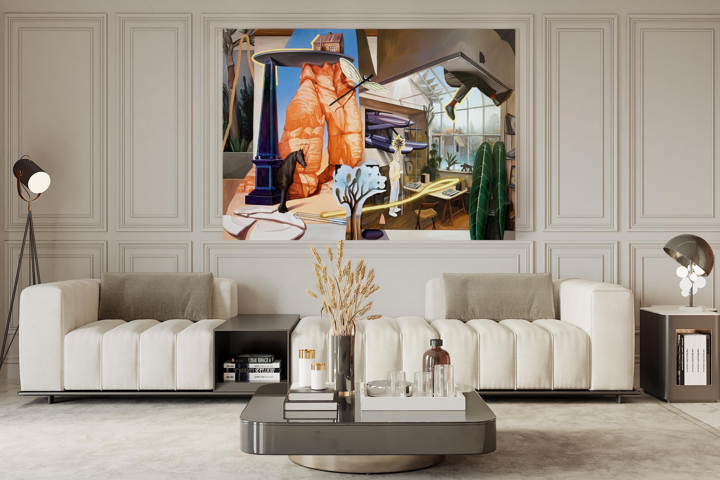 Grande peinture surréaliste, intérieur et paysage oniriques, évasion de la réalité en vente 1
