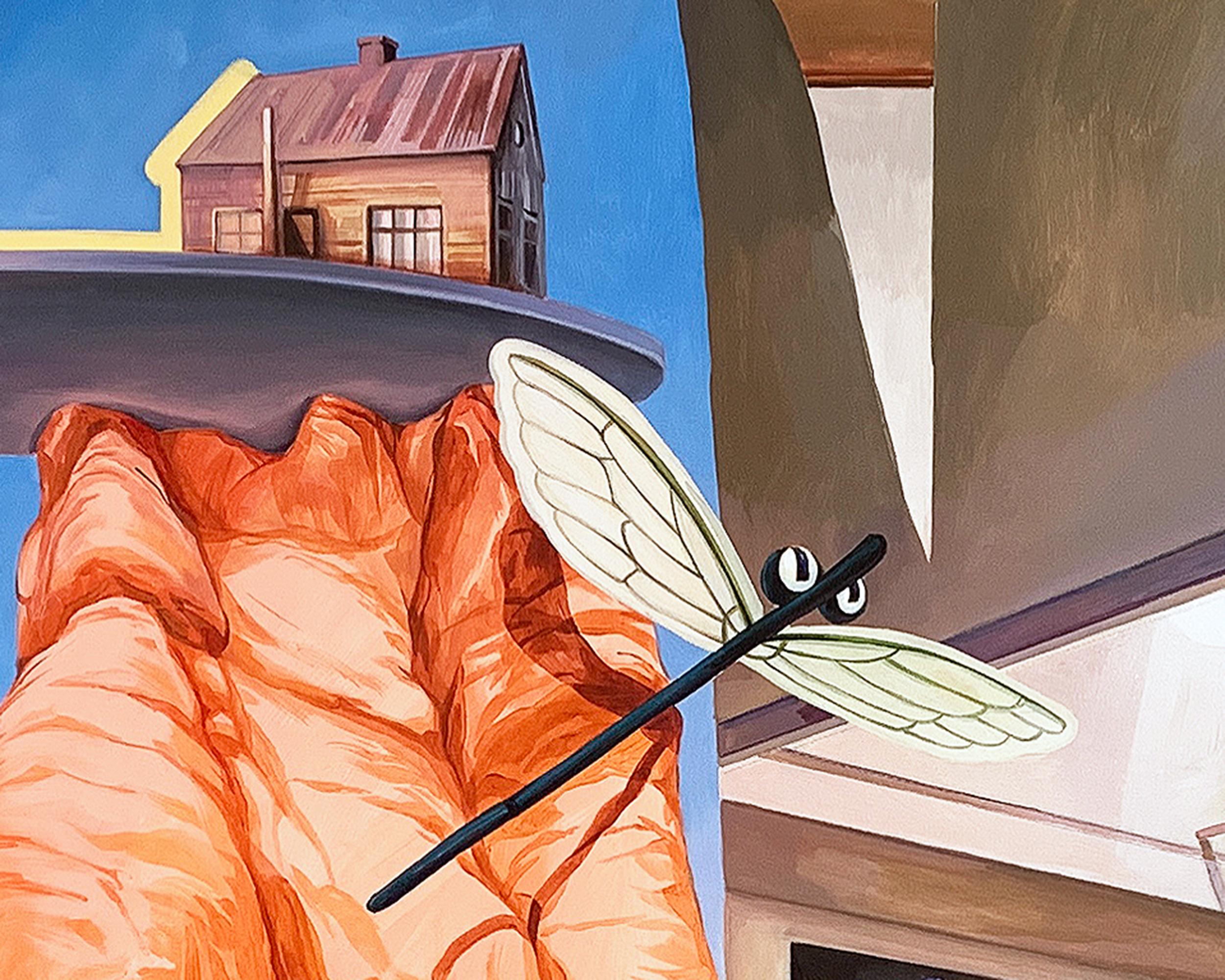 Grande peinture surréaliste, intérieur et paysage oniriques, évasion de la réalité en vente 2
