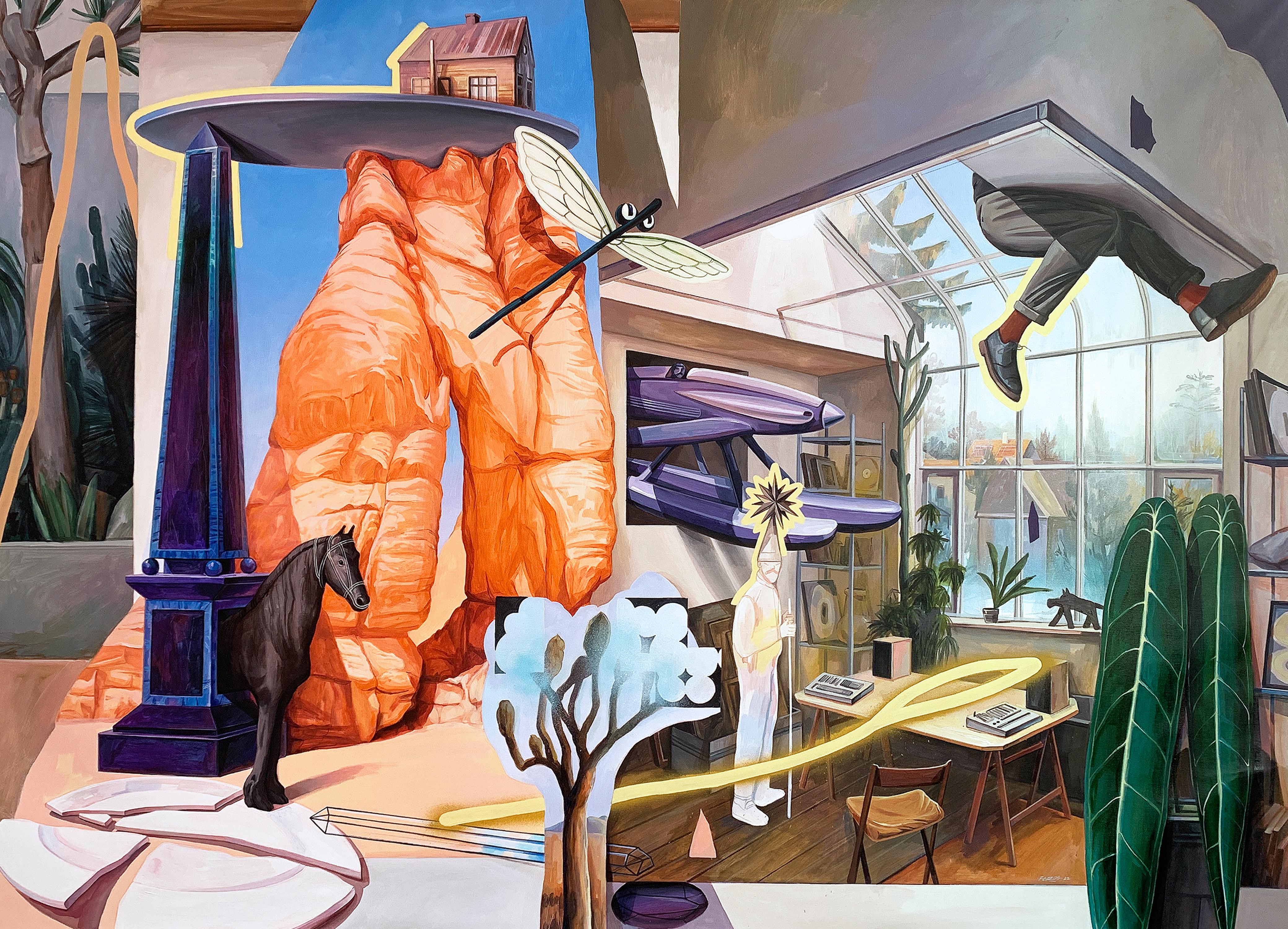 Large Surrealist Painting, Dreamlike Interior and Landscape, Escape from Reality