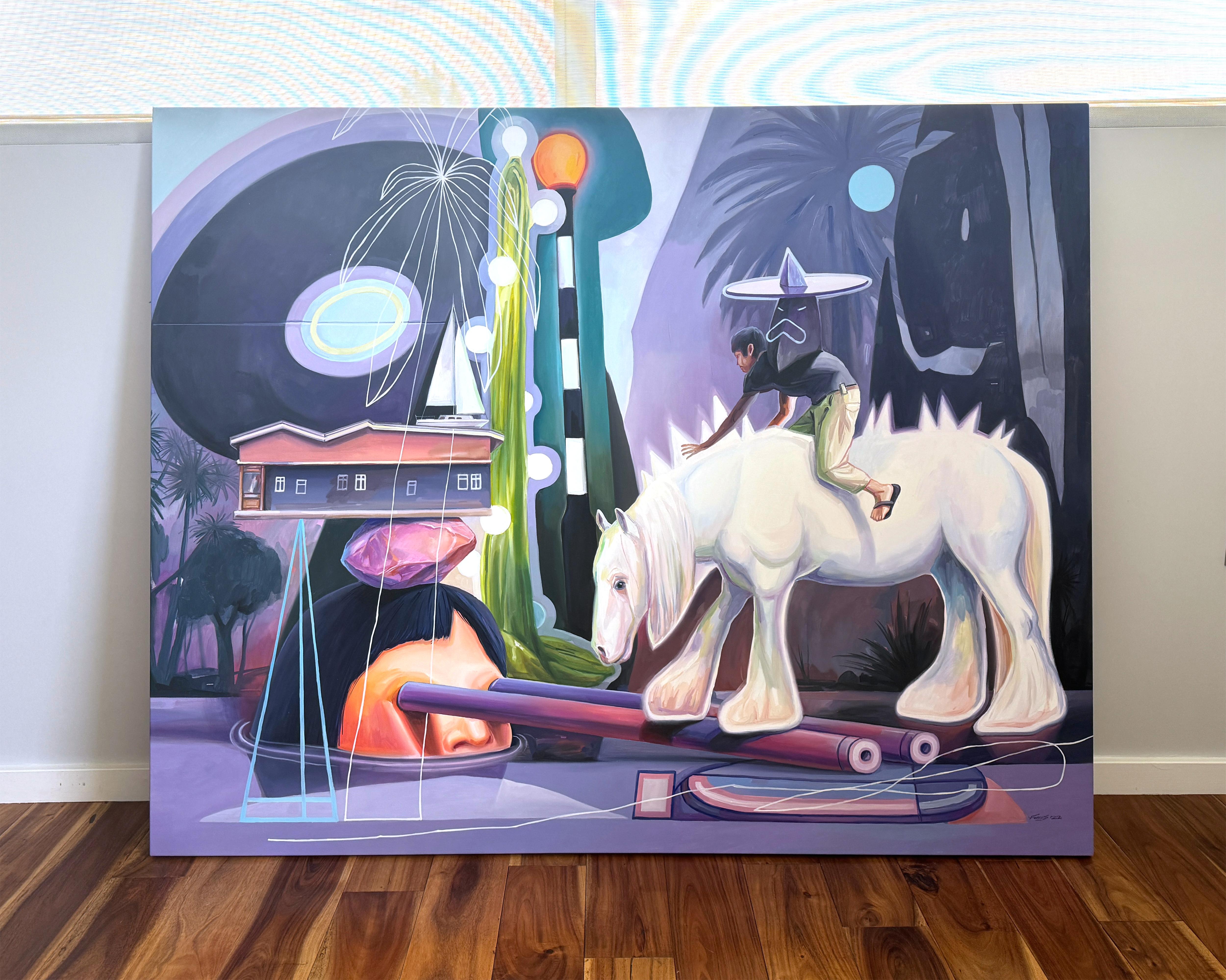 Surrealistische große lila figurative Traumlandschaft mit Pferd, Ein Spaziergang während der Eclipse – Painting von FEROS