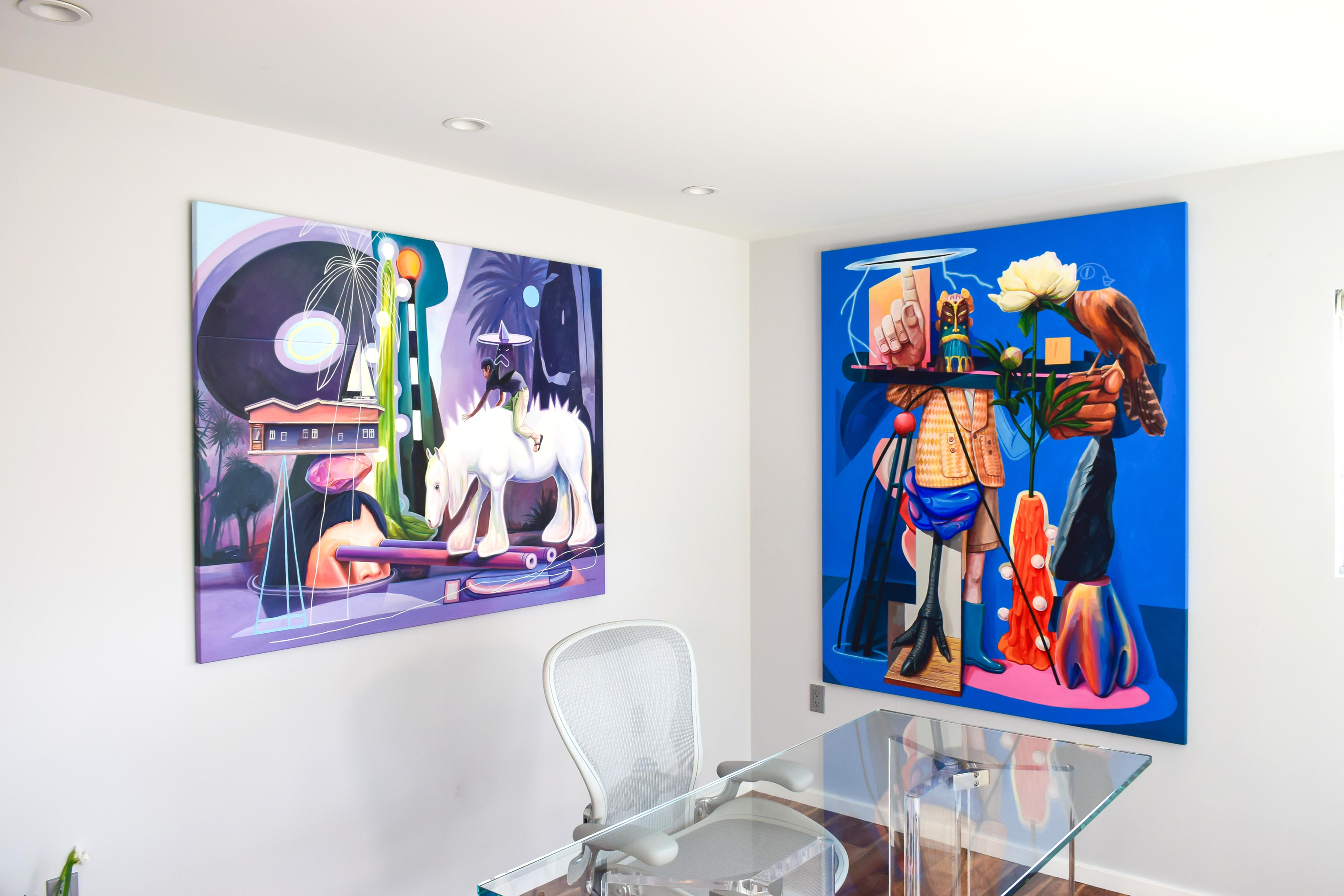 Surrealistische große lila figurative Traumlandschaft mit Pferd, Ein Spaziergang während der Eclipse (Schwarz), Figurative Painting, von FEROS