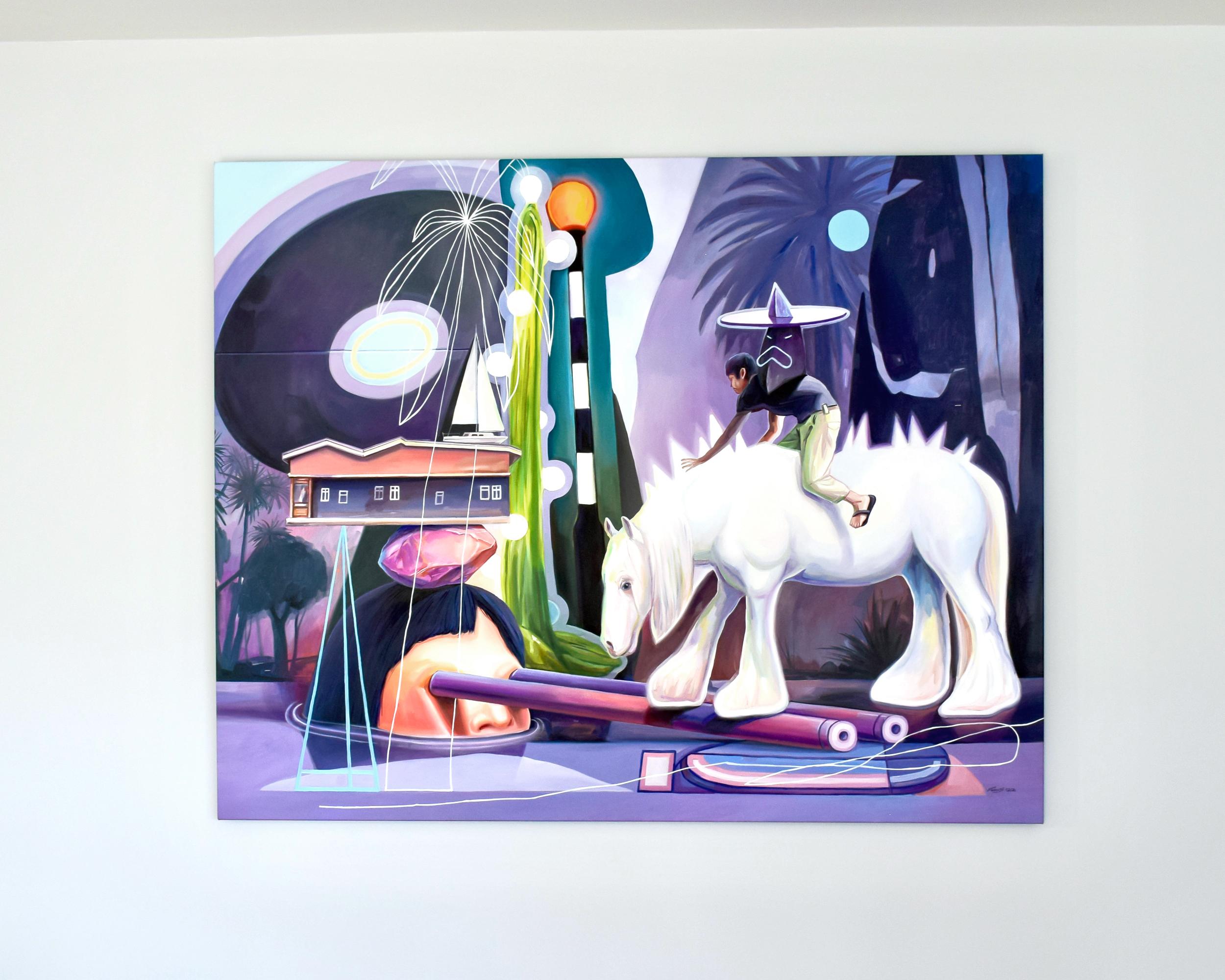 Surrealistische große lila figurative Traumlandschaft mit Pferd, Ein Spaziergang während der Eclipse im Angebot 1
