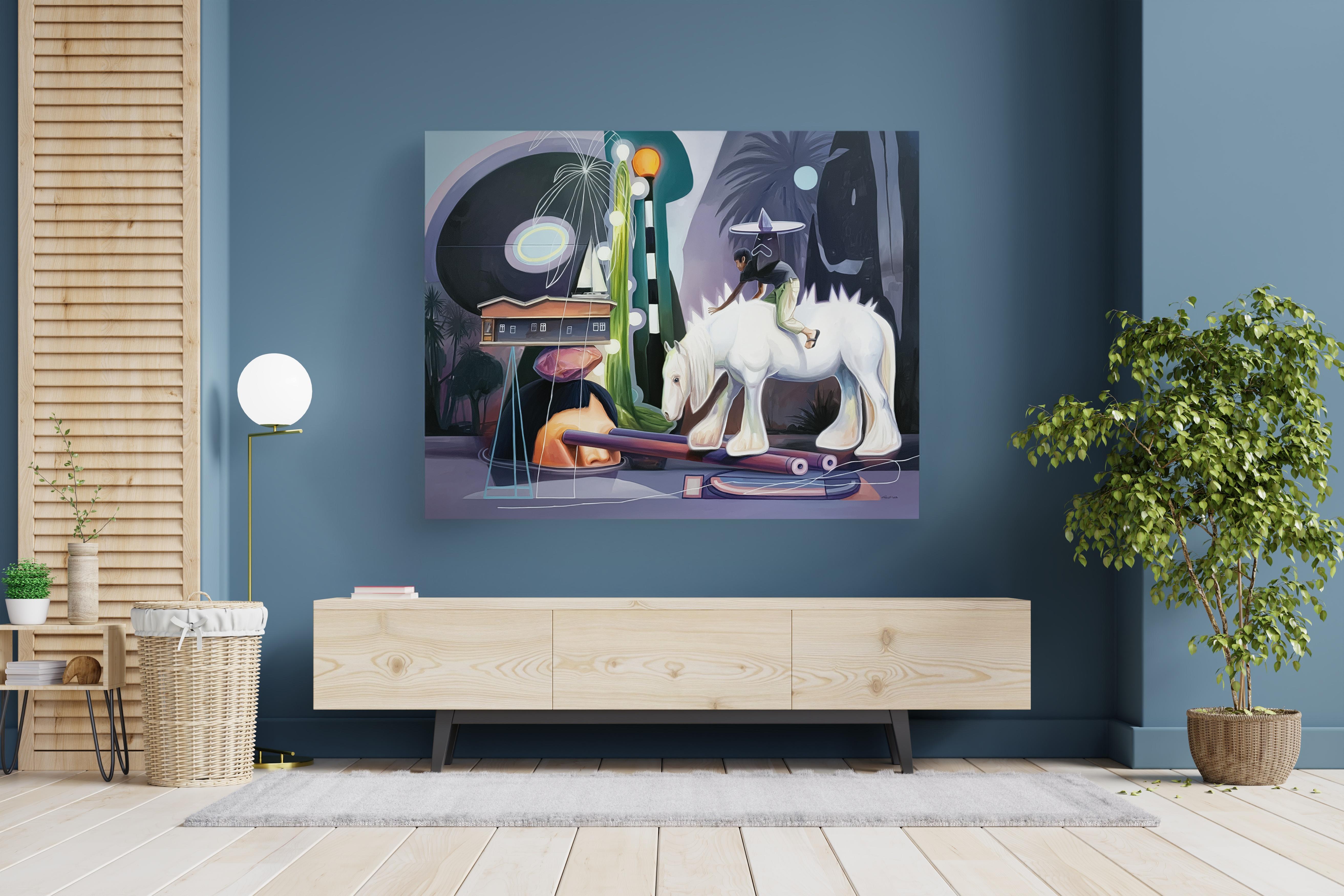 Surrealistische große lila figurative Traumlandschaft mit Pferd, Ein Spaziergang während der Eclipse im Angebot 4