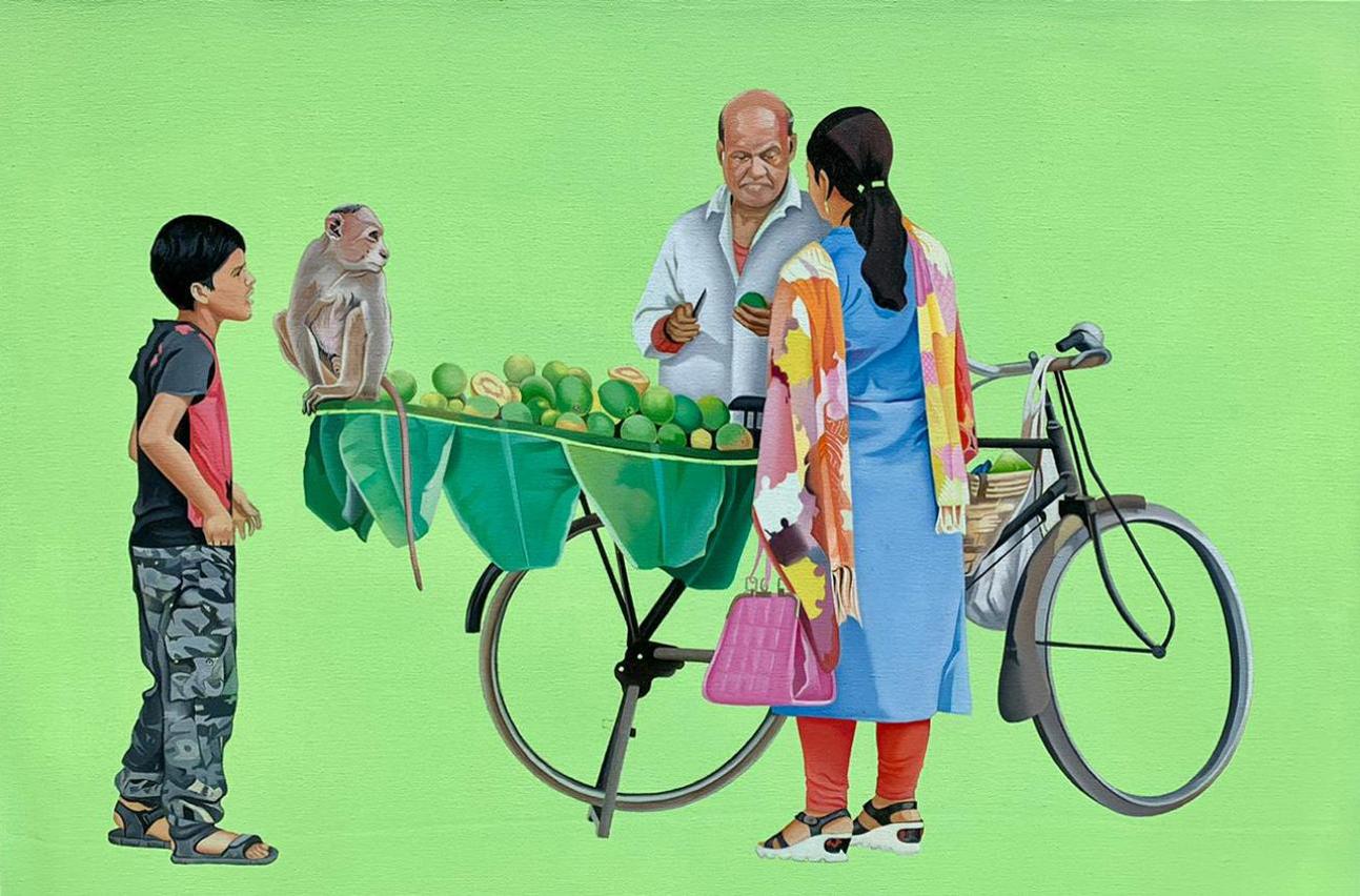 Feroz Khan Figurative Painting - Fruit Seller, Figurative, Acrylic on Canvas by Contemporary Artist "In Stock"