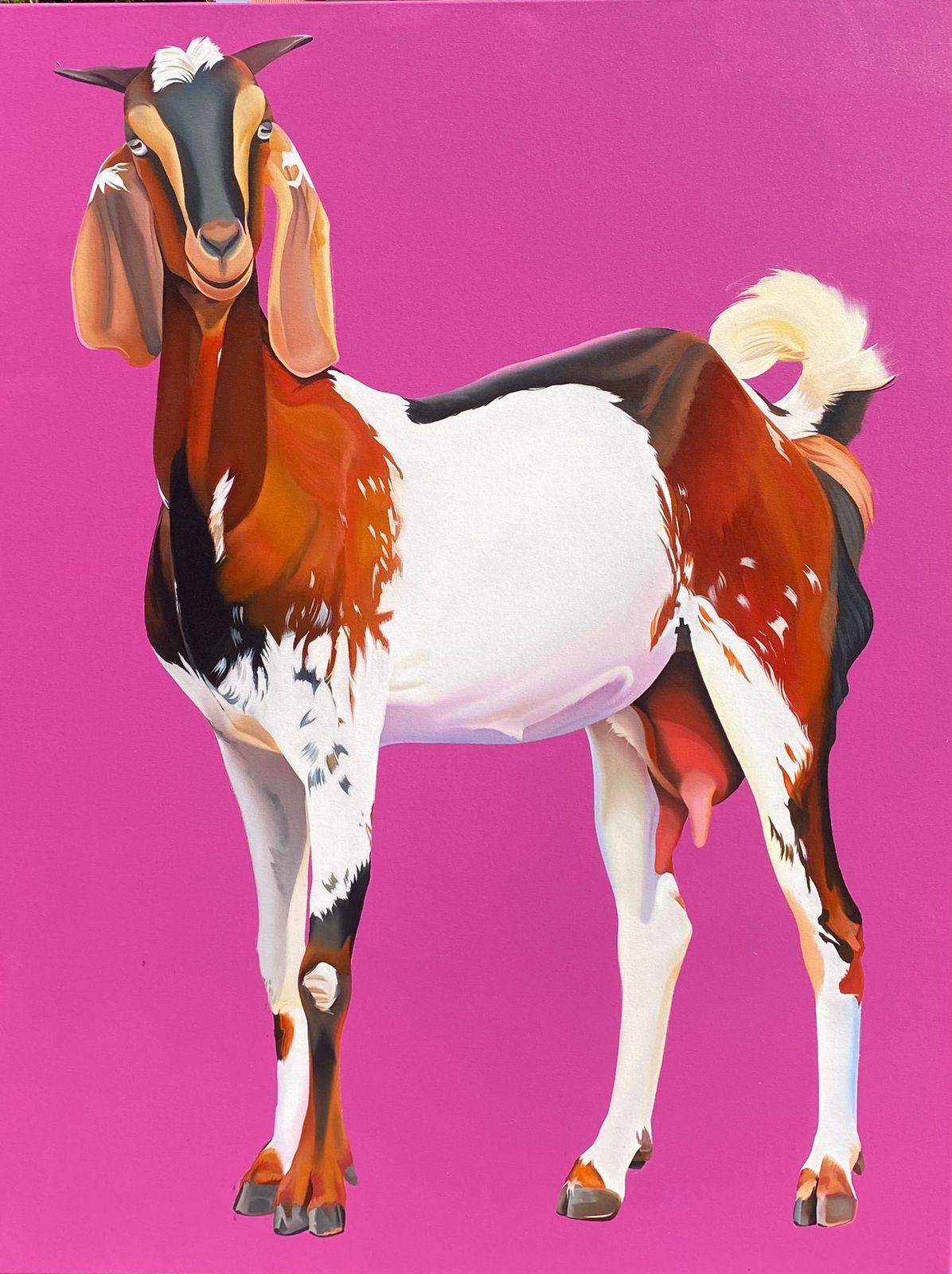 Feroz Khan - The Goat, Animal, Pink, Brown, White Colour, Oil and Acrylic  on Canvas 